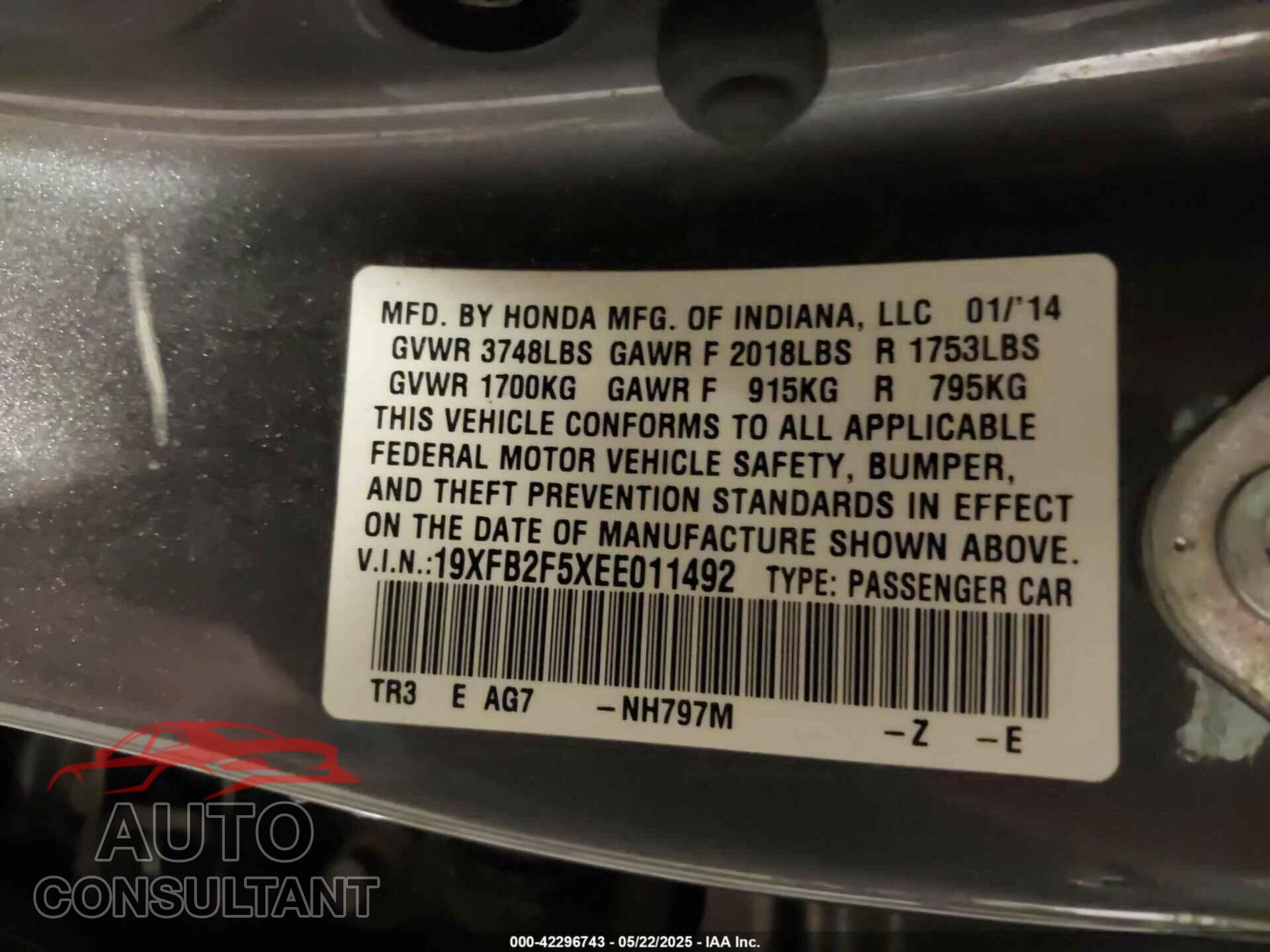 HONDA CIVIC 2014 - 19XFB2F5XEE011492