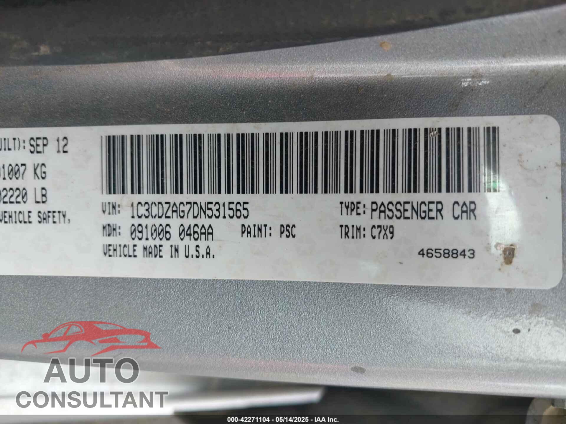DODGE AVENGER 2013 - 1C3CDZAG7DN531565