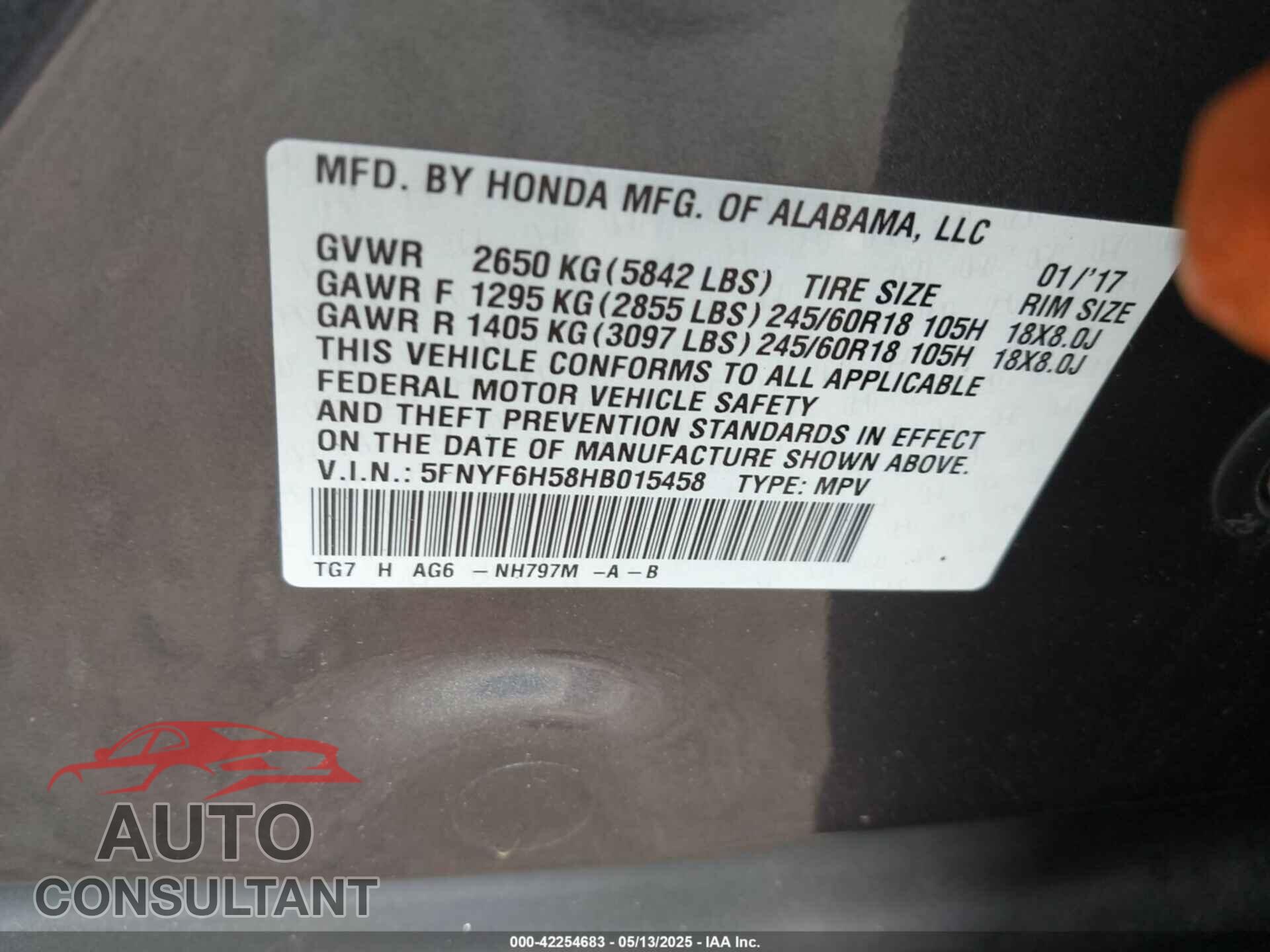 HONDA PILOT 2017 - 5FNYF6H58HB015458