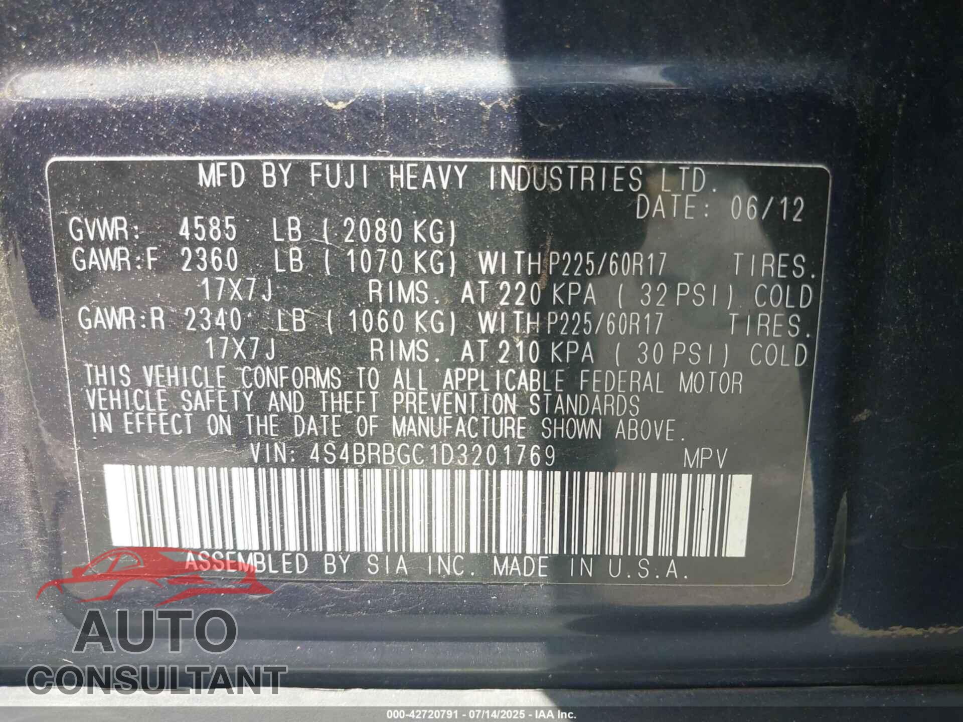 SUBARU OUTBACK 2013 - 4S4BRBGC1D3201769