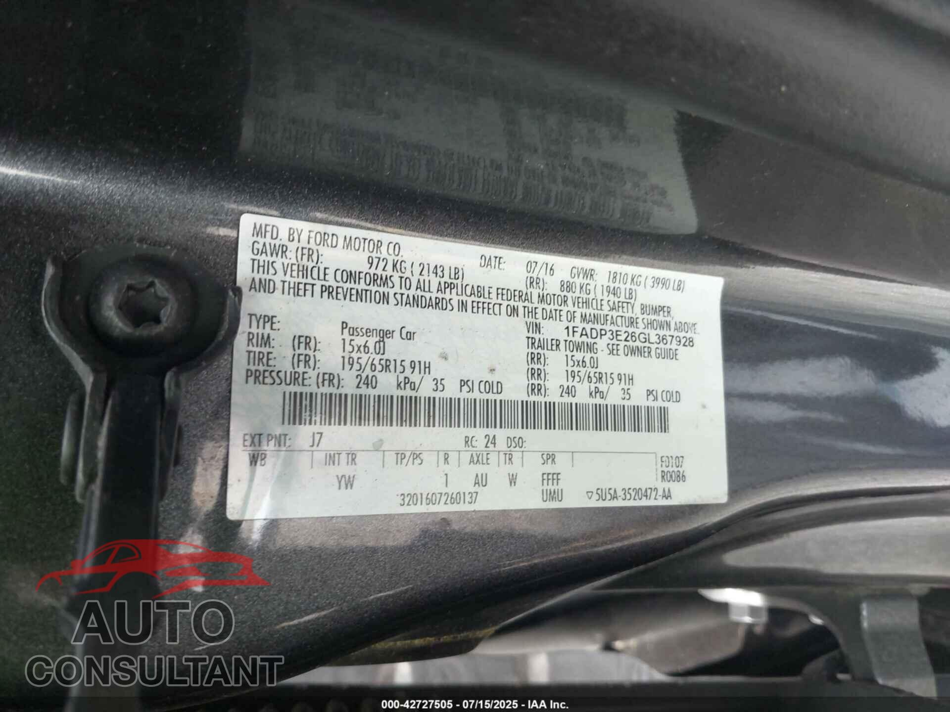 FORD FOCUS 2016 - 1FADP3E26GL367928