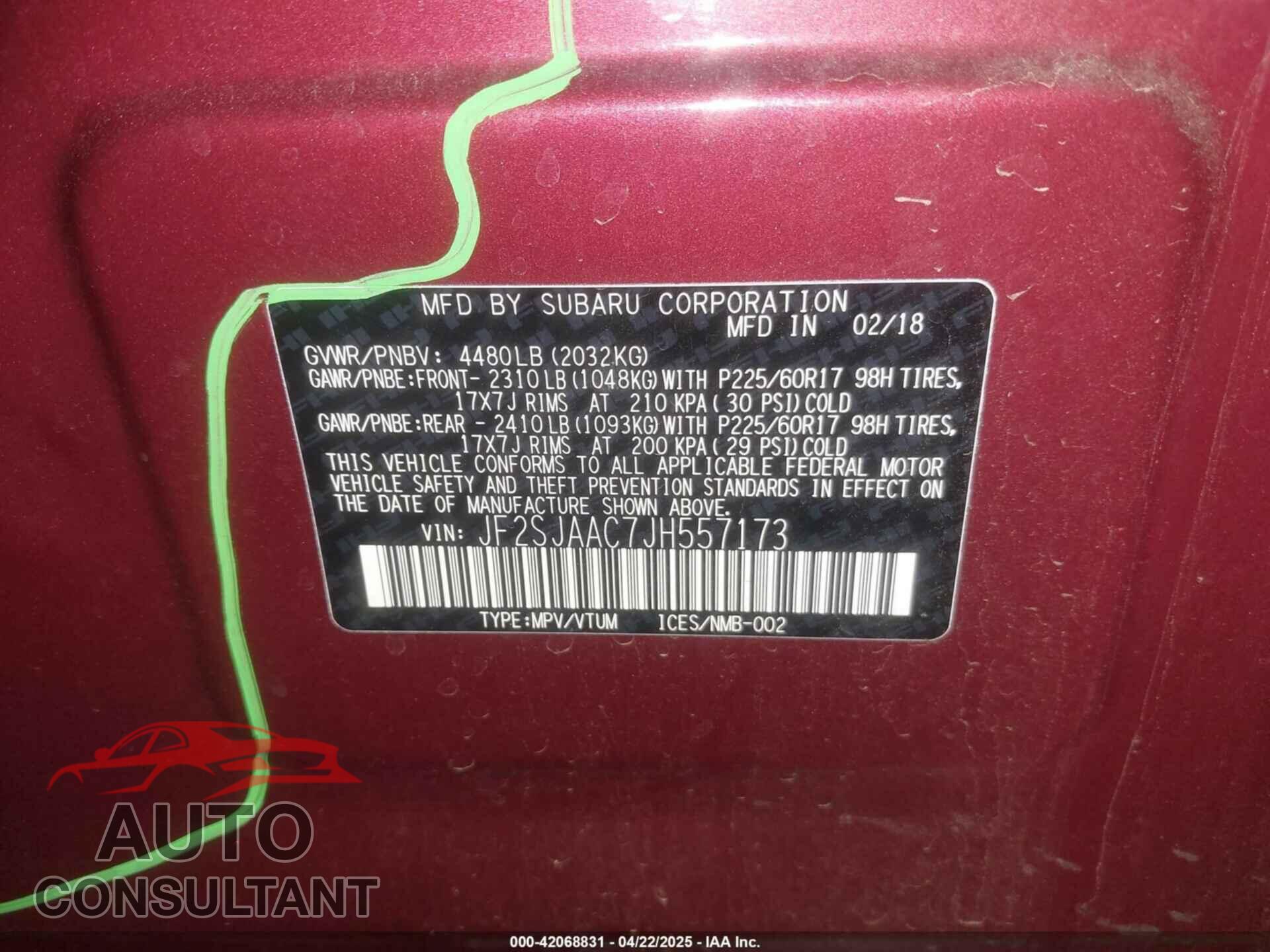 SUBARU FORESTER 2018 - JF2SJAAC7JH557173
