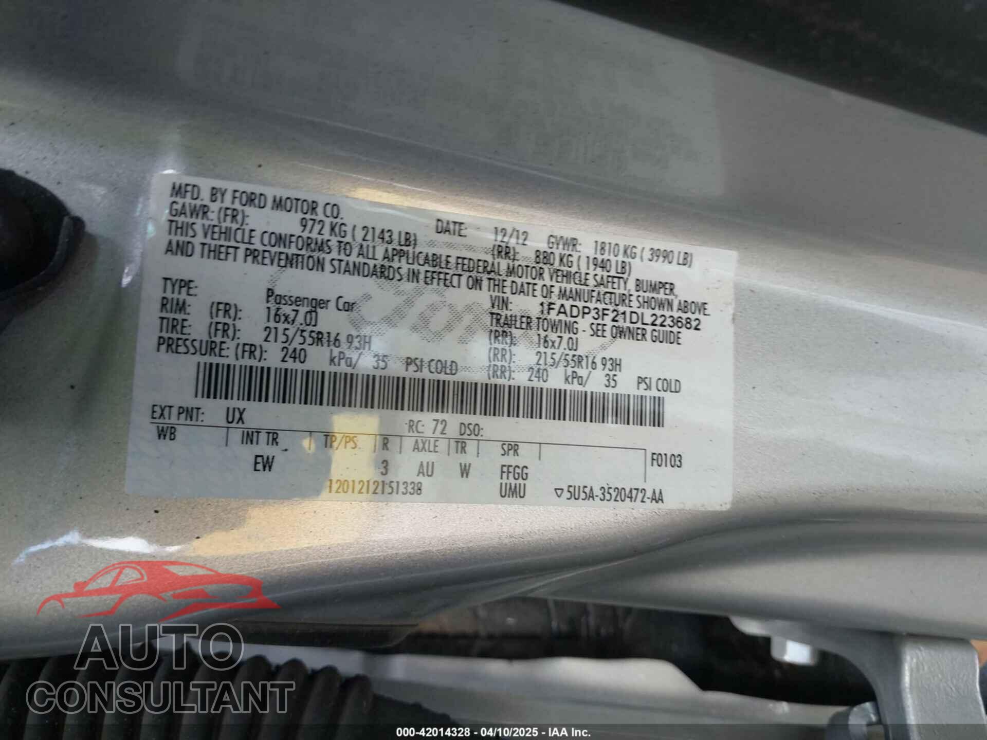 FORD FOCUS 2013 - 1FADP3F21DL223682