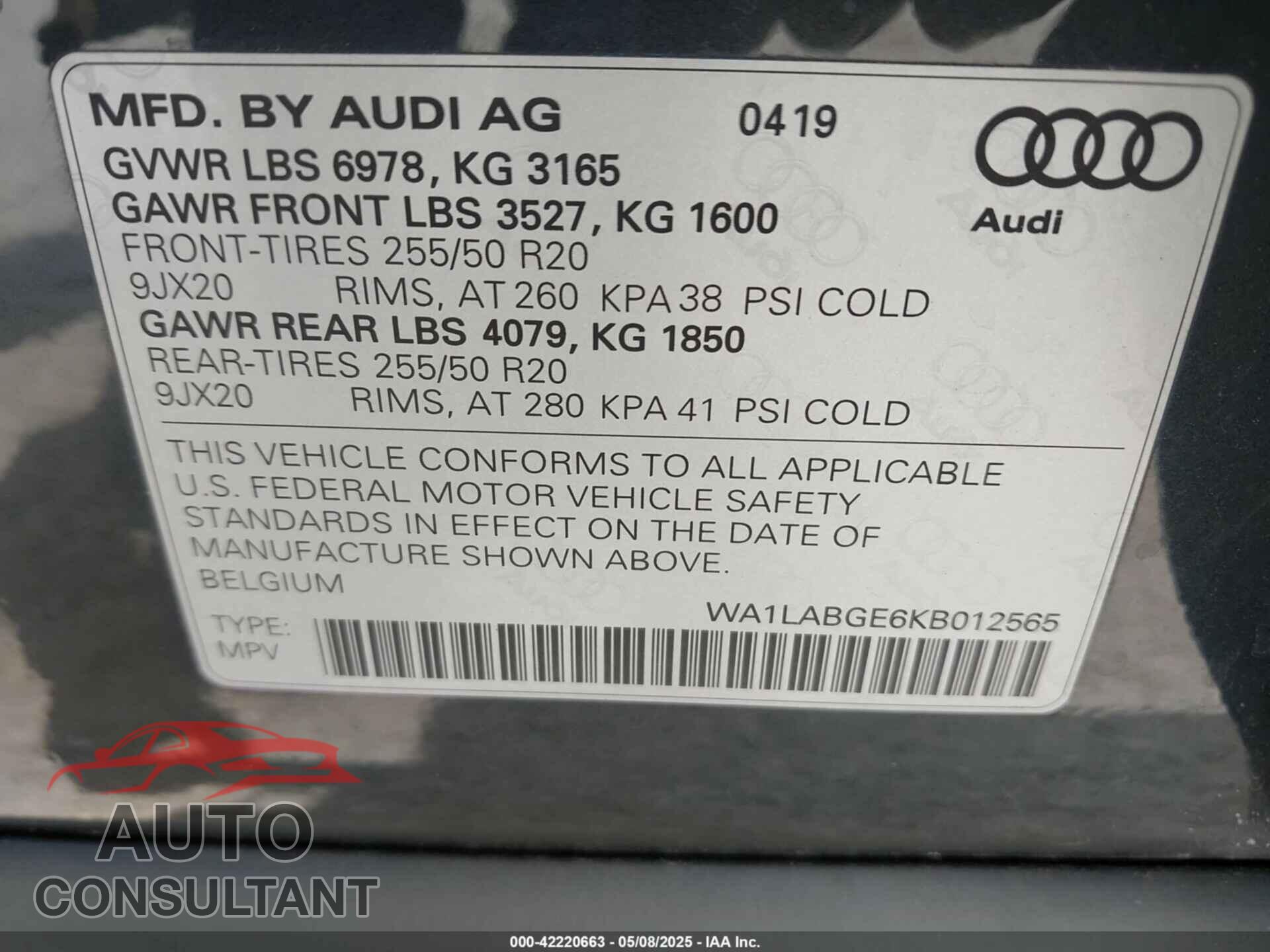 AUDI E-TRON 2019 - WA1LABGE6KB012565