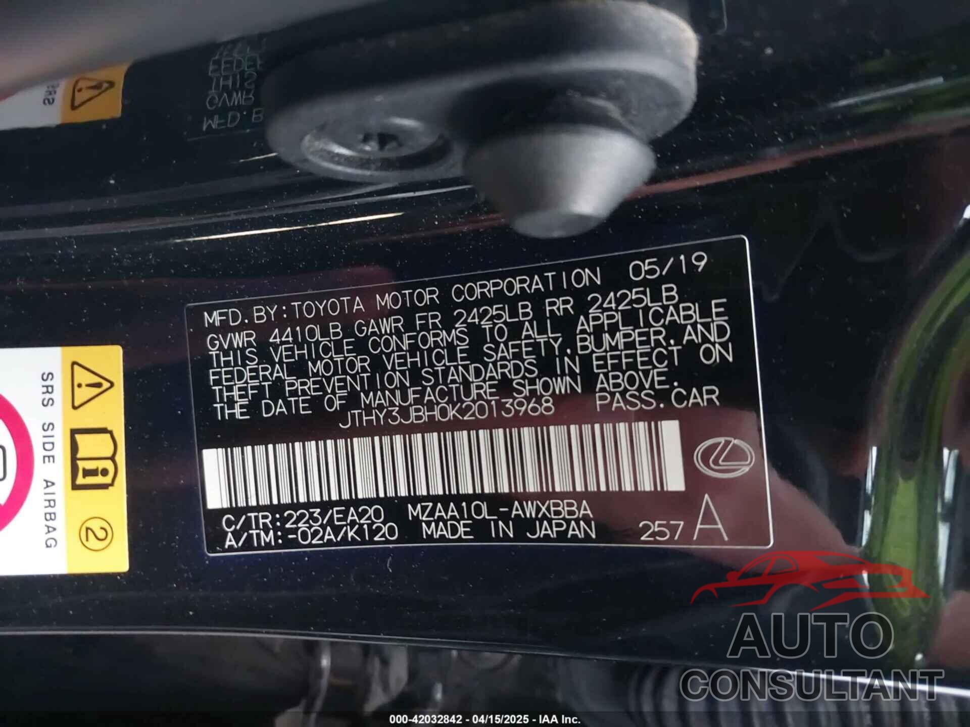 LEXUS UX 200 2019 - JTHY3JBH0K2013968