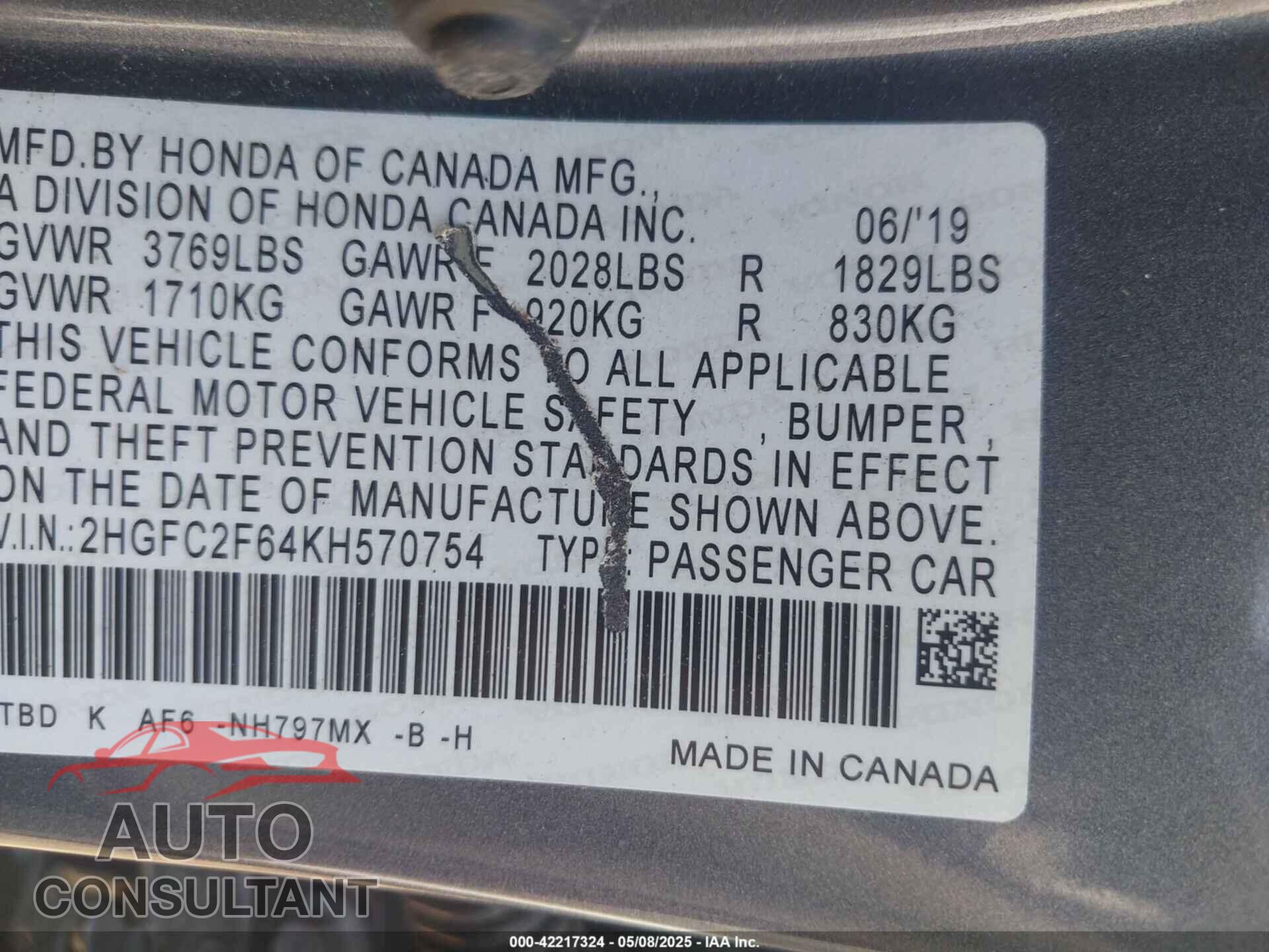 HONDA CIVIC 2019 - 2HGFC2F64KH570754