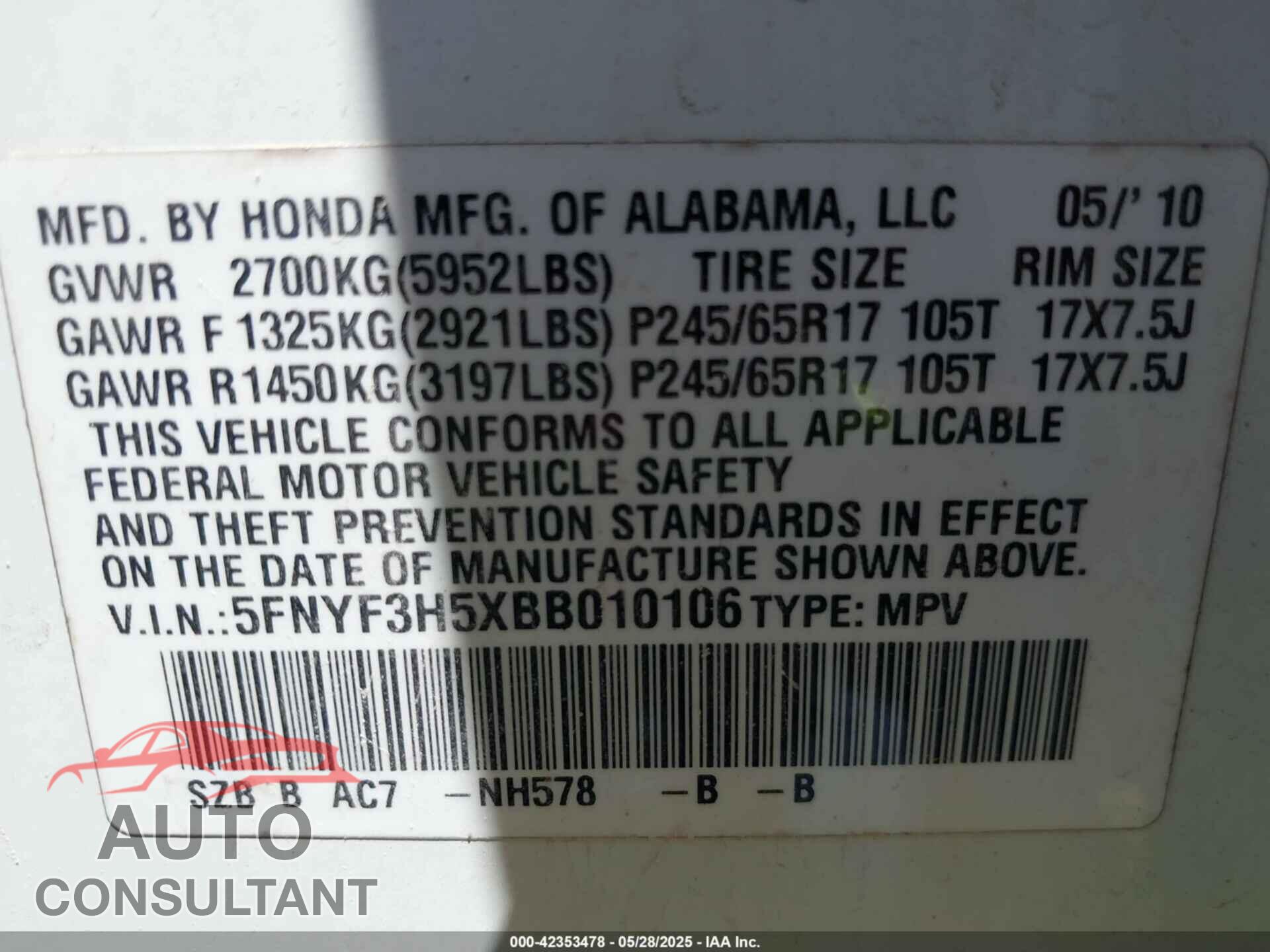 HONDA PILOT 2011 - 5FNYF3H5XBB010106