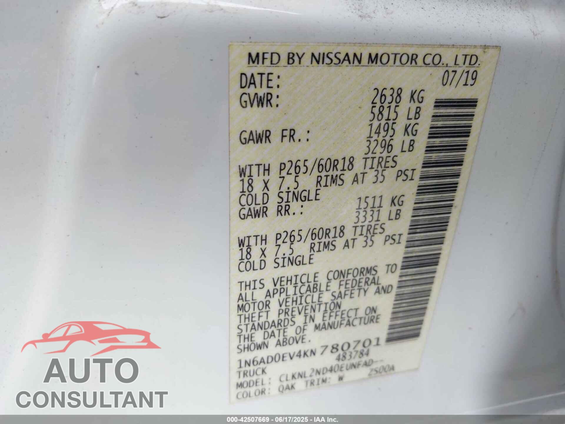 NISSAN FRONTIER 2019 - 1N6AD0EV4KN780701