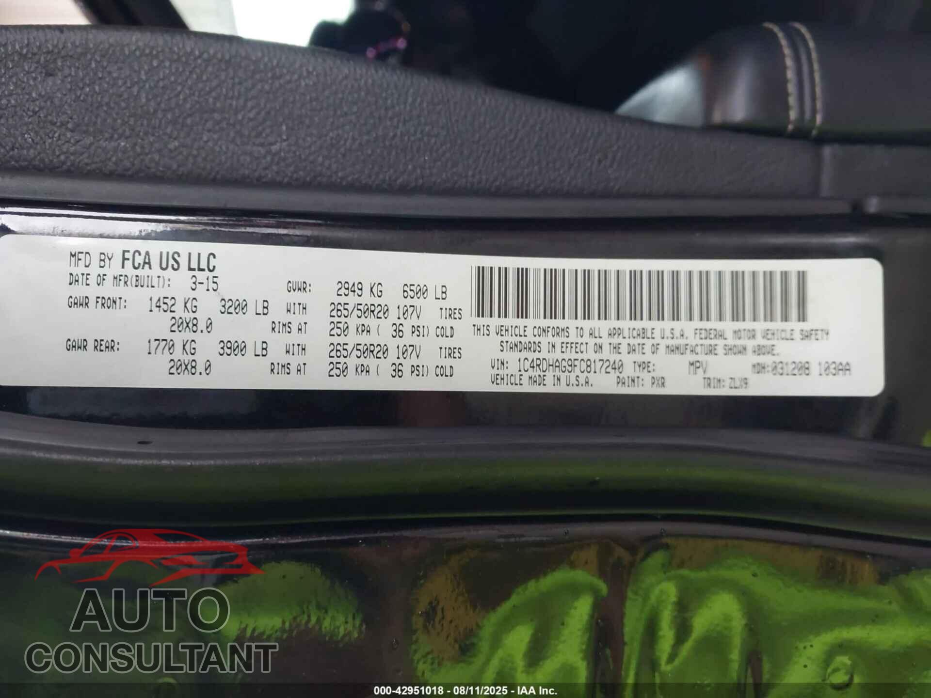 DODGE DURANGO 2015 - 1C4RDHAG9FC817240