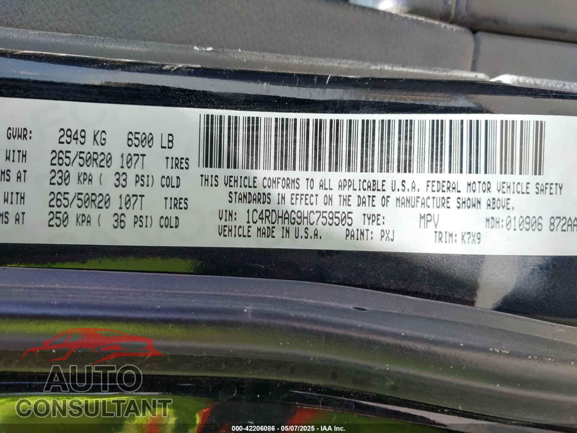 DODGE DURANGO 2017 - 1C4RDHAG9HC759505