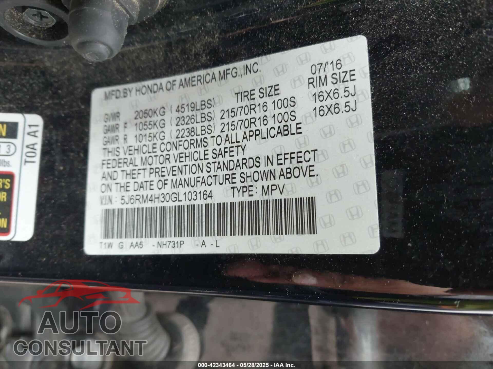 HONDA CR-V 2016 - 5J6RM4H30GL103164
