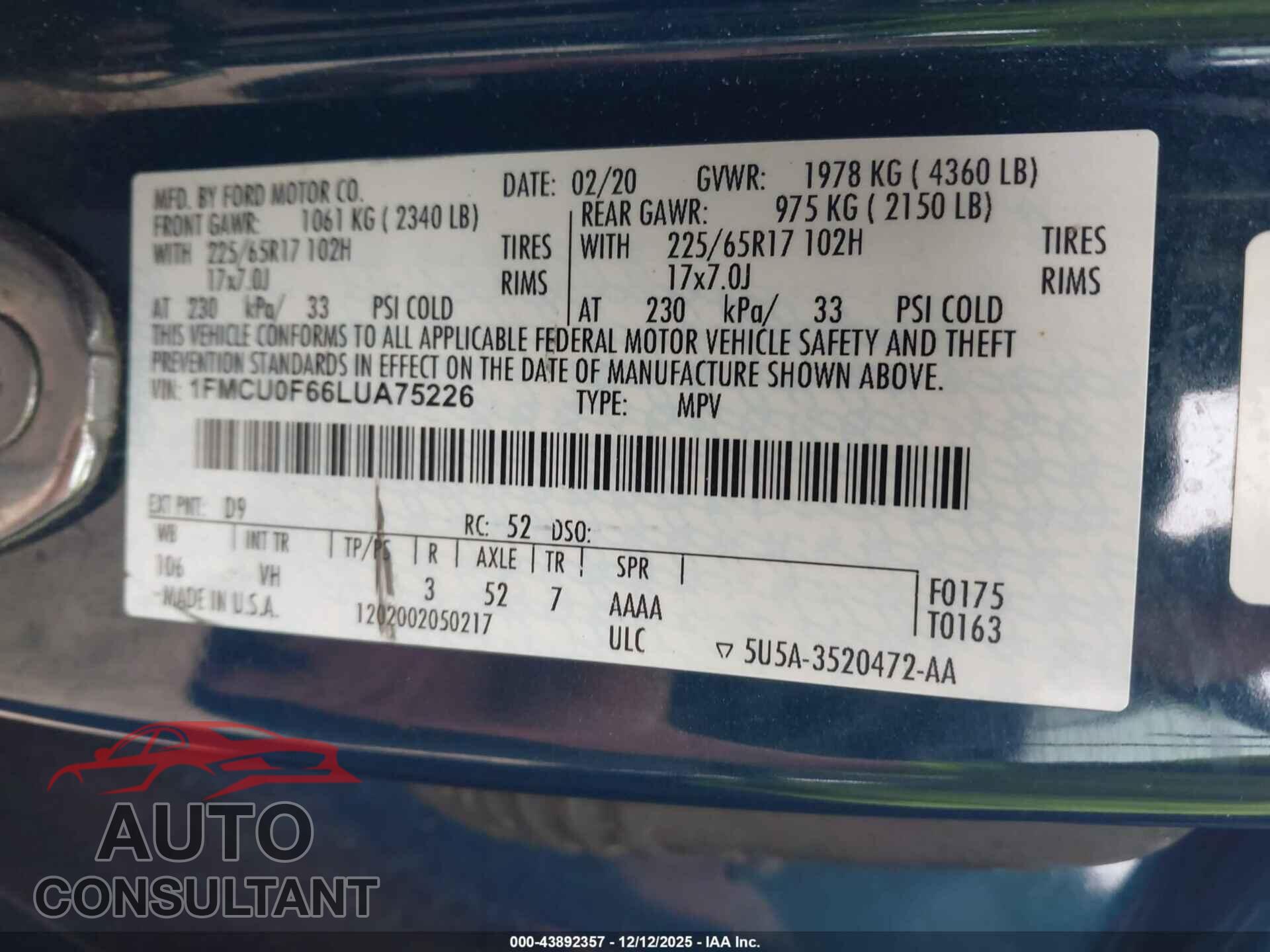 FORD ESCAPE 2020 - 1FMCU0F66LUA75226