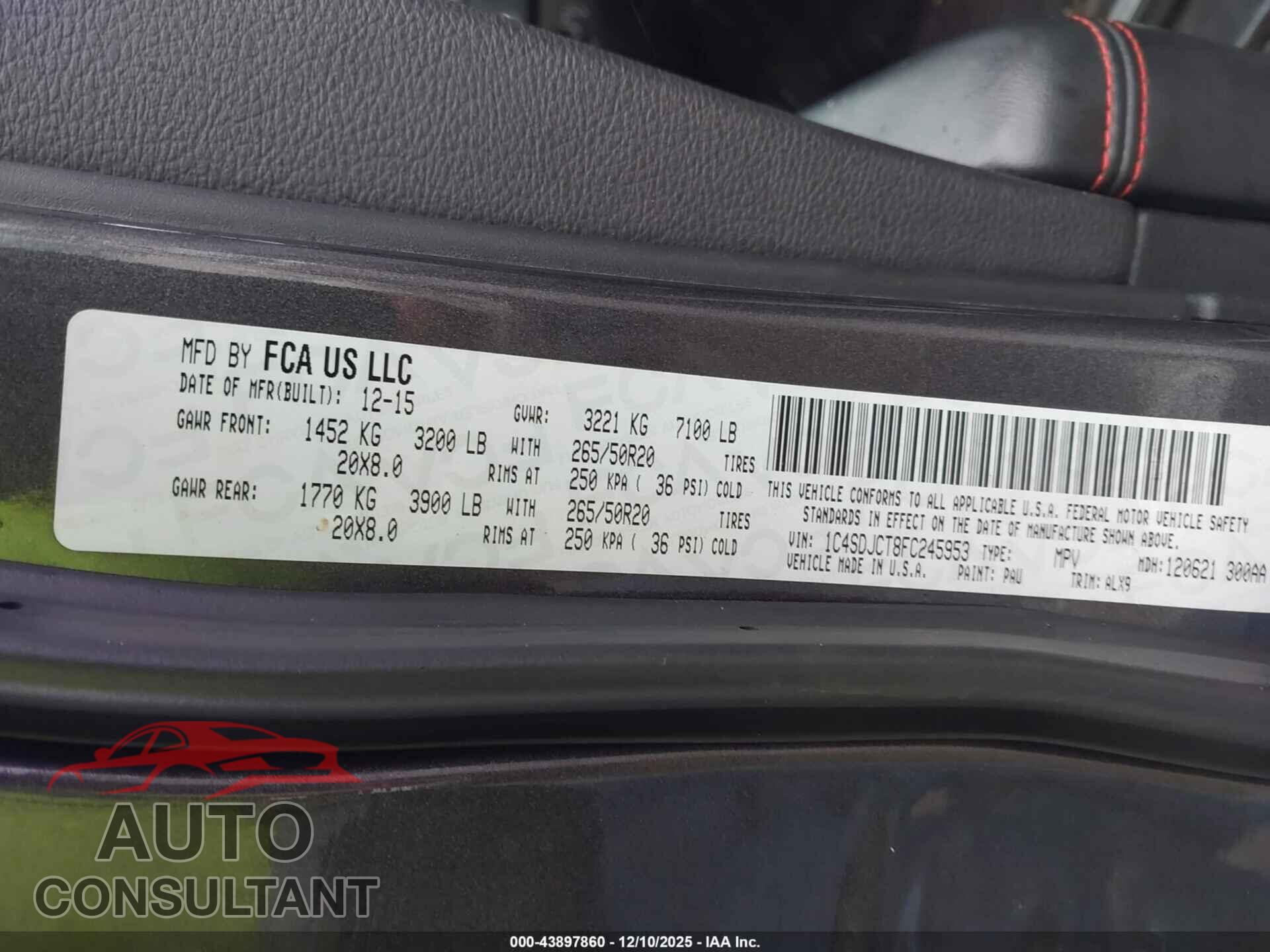 DODGE DURANGO 2015 - 1C4SDJCT8FC245953