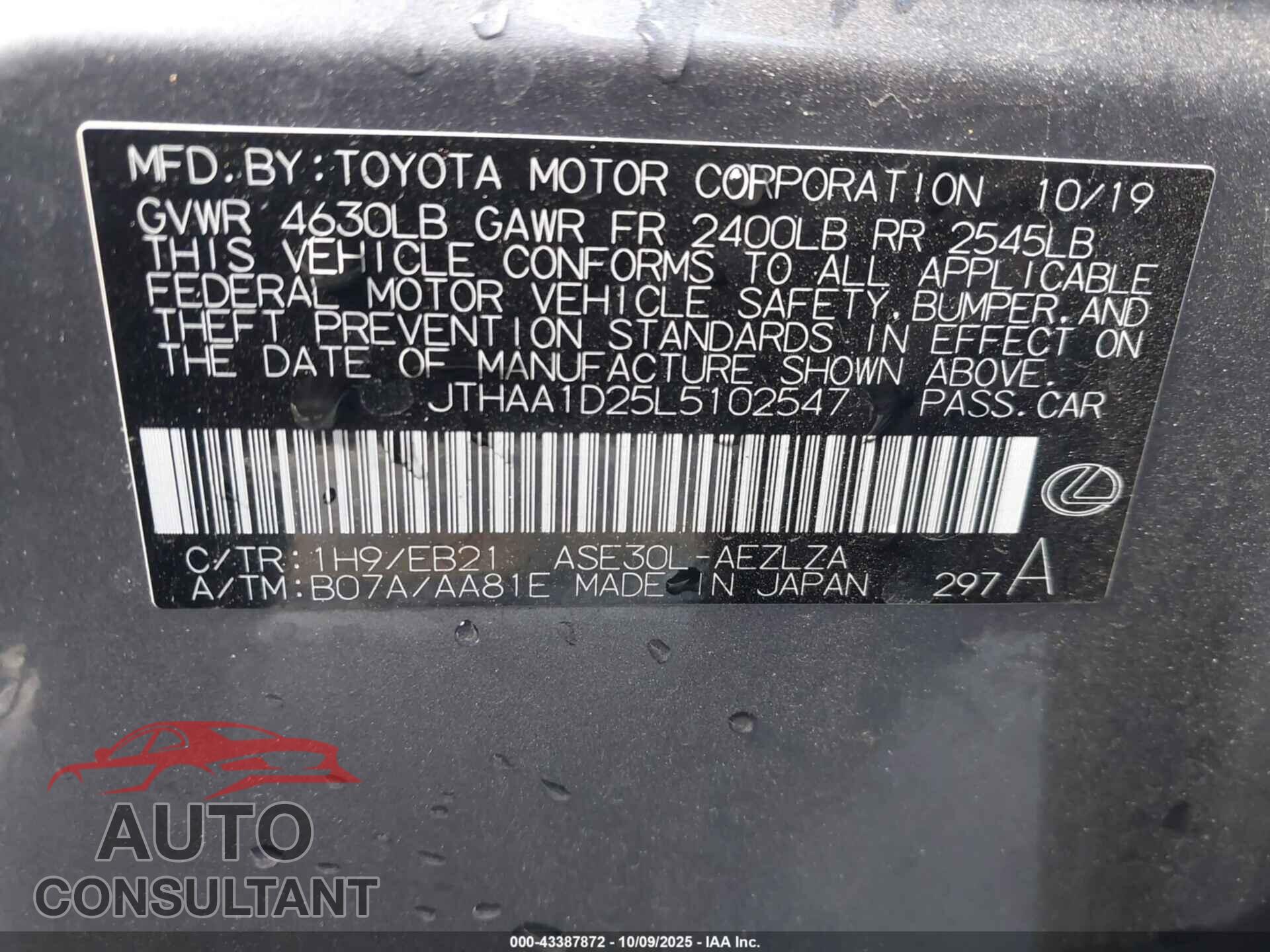 LEXUS IS 300 2020 - JTHAA1D25L5102547