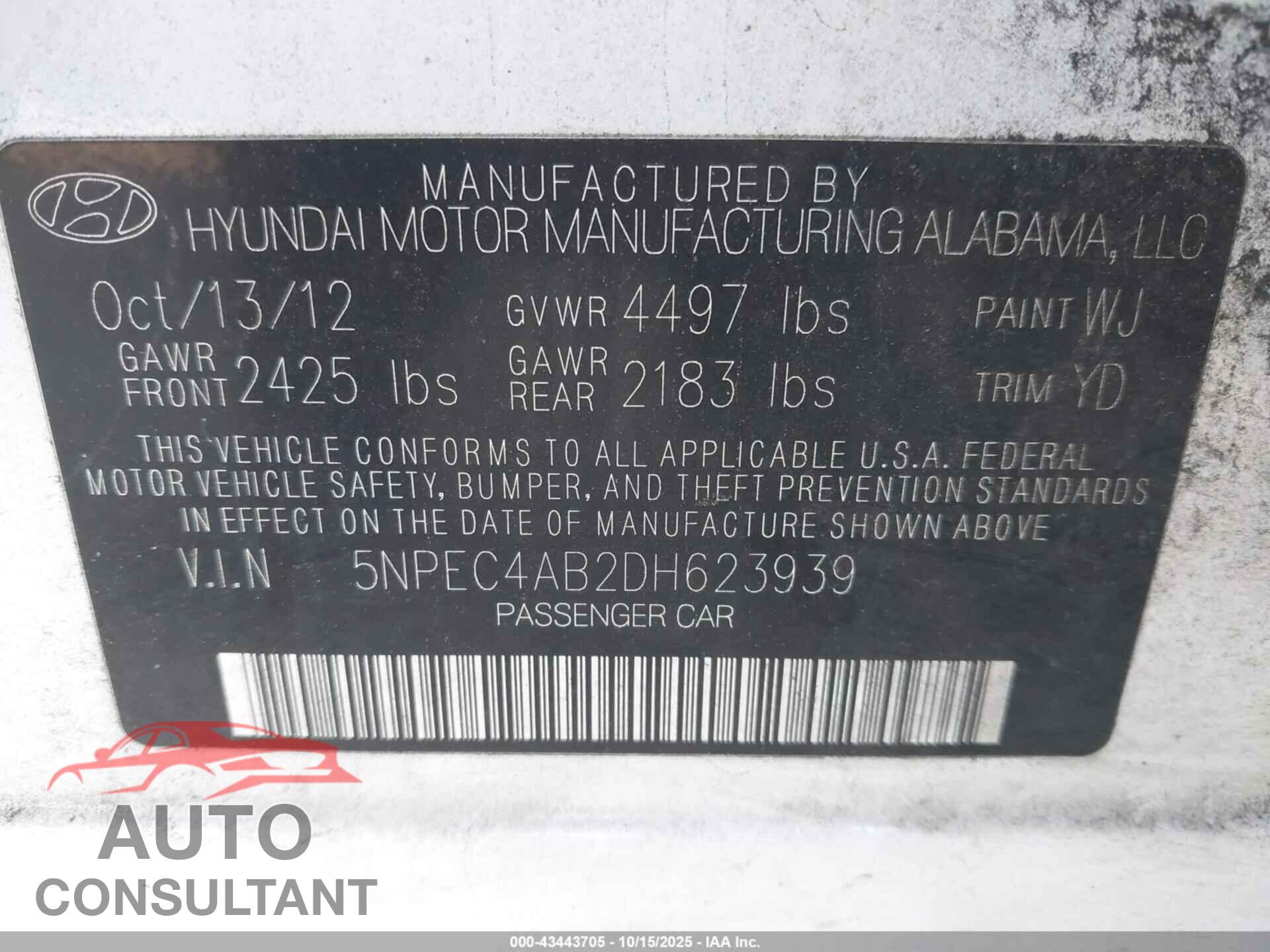 HYUNDAI SONATA 2013 - 5NPEC4AB2DH623939