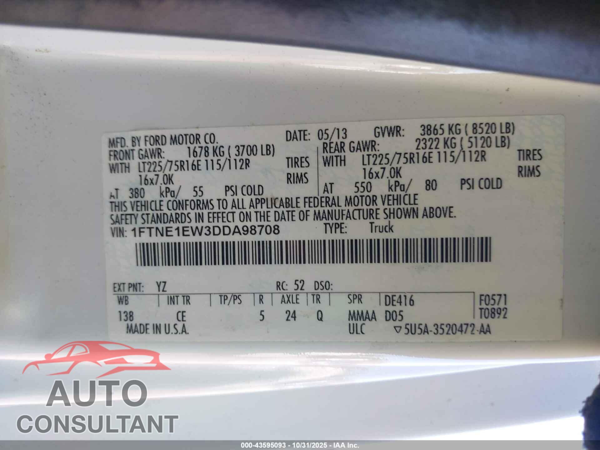 FORD E-150 2013 - 1FTNE1EW3DDA98708