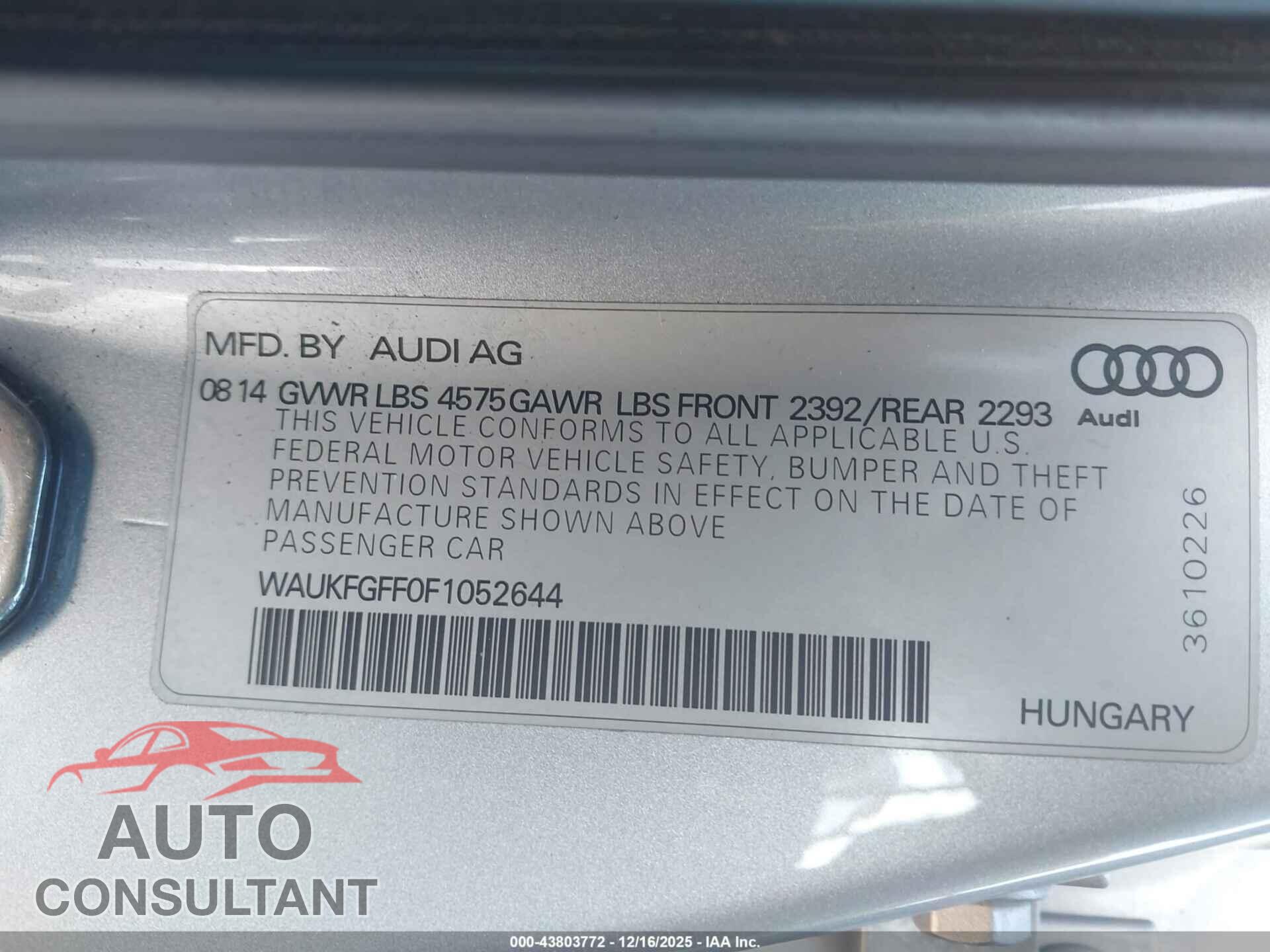 AUDI A3 2015 - WAUKFGFF0F1052644