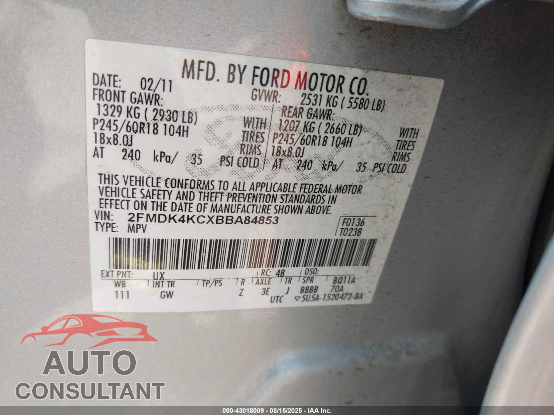 FORD EDGE 2011 - 2FMDK4KCXBBA84853