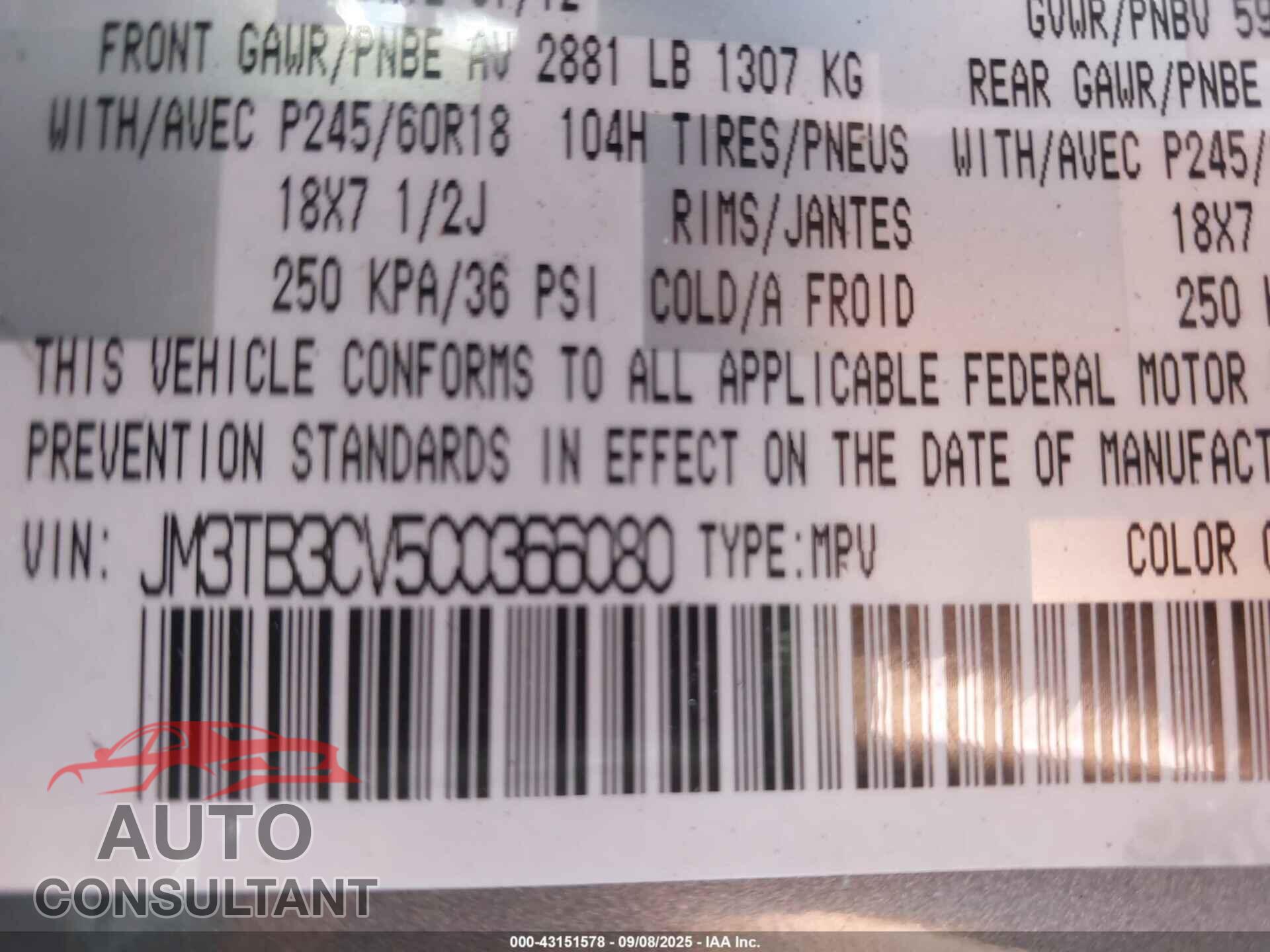 MAZDA CX-9 2012 - JM3TB3CV5C0366080
