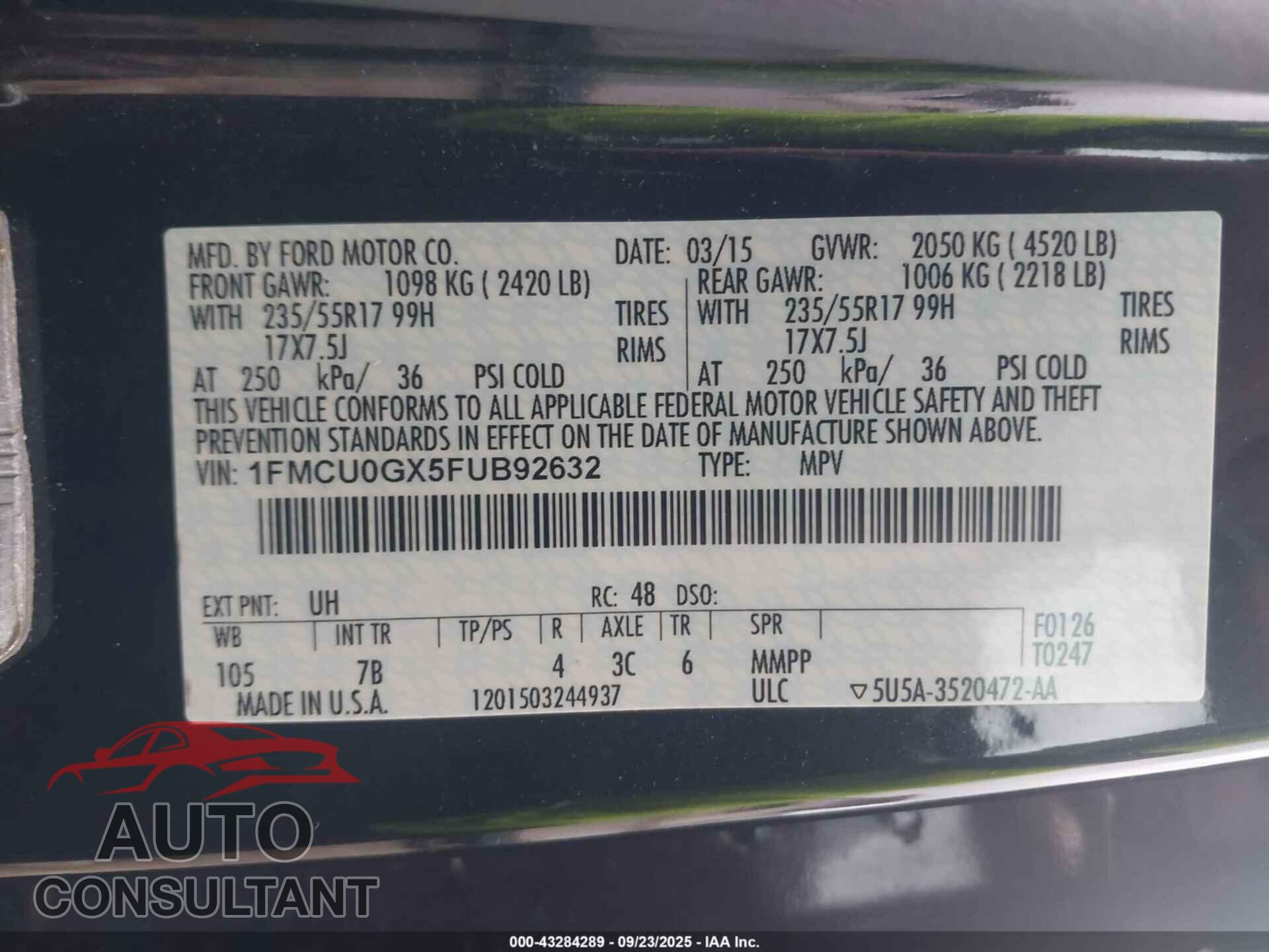 FORD ESCAPE 2015 - 1FMCU0GX5FUB92632