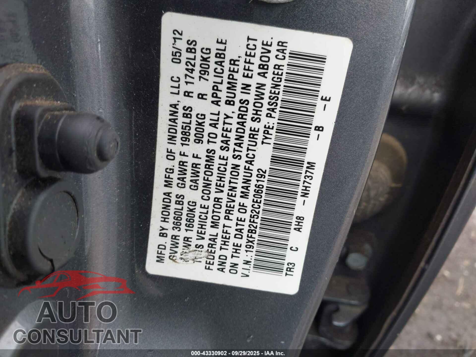HONDA CIVIC 2012 - 19XFB2F52CE066192