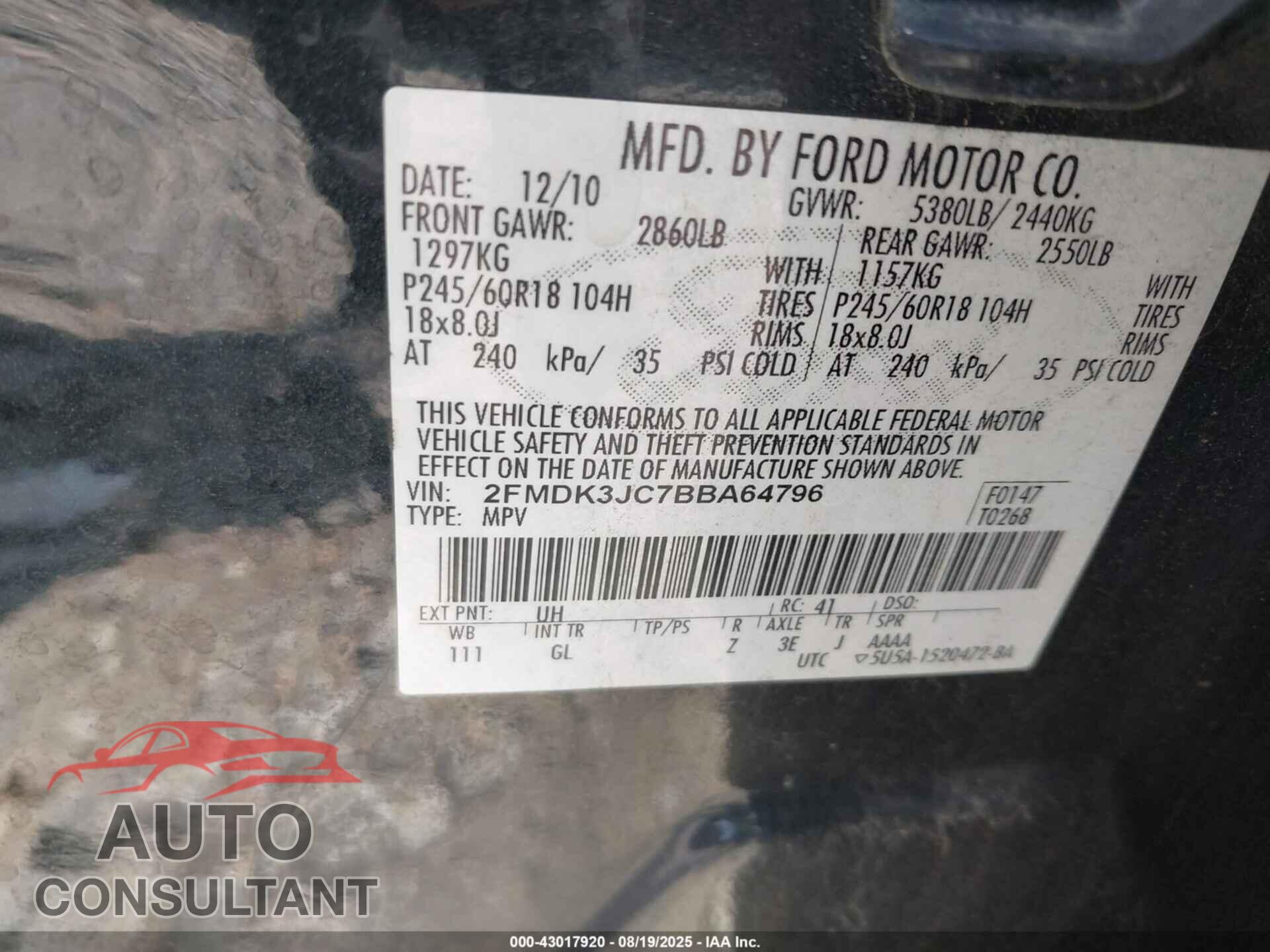 FORD EDGE 2011 - 2FMDK3JC7BBA64796