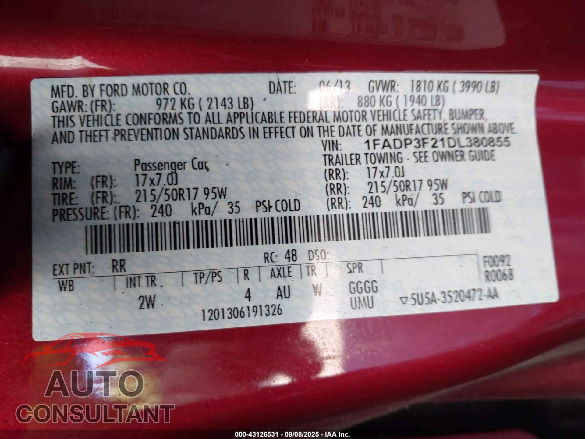 FORD FOCUS 2013 - 1FADP3F21DL380855