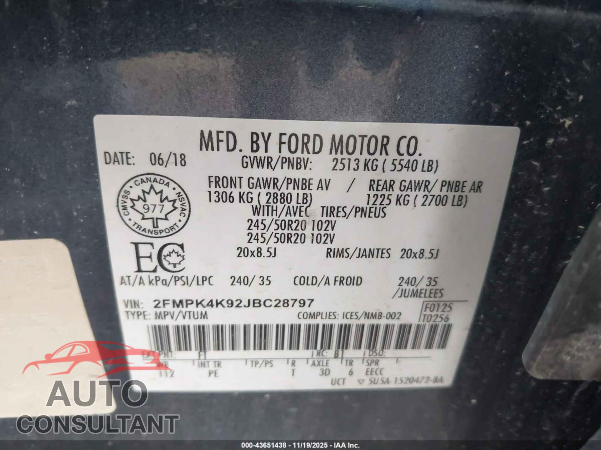 FORD EDGE 2018 - 2FMPK4K92JBC28797