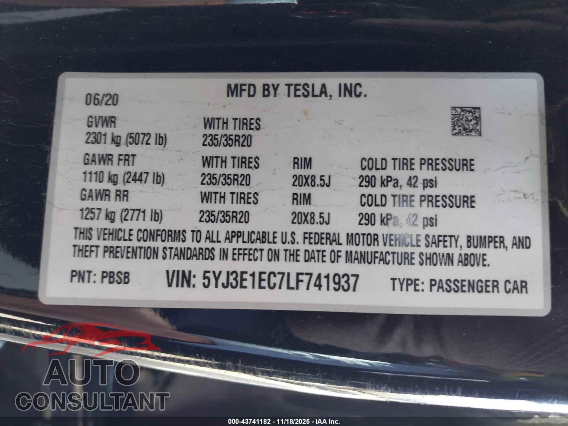 TESLA MODEL 3 2020 - 5YJ3E1EC7LF741937