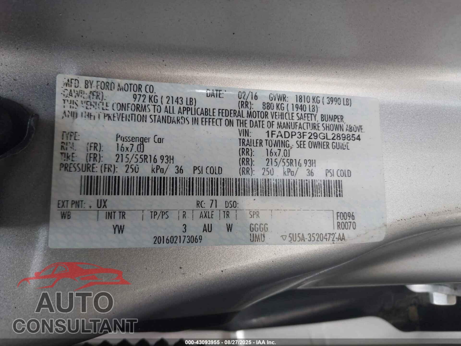 FORD FOCUS 2016 - 1FADP3F29GL289854