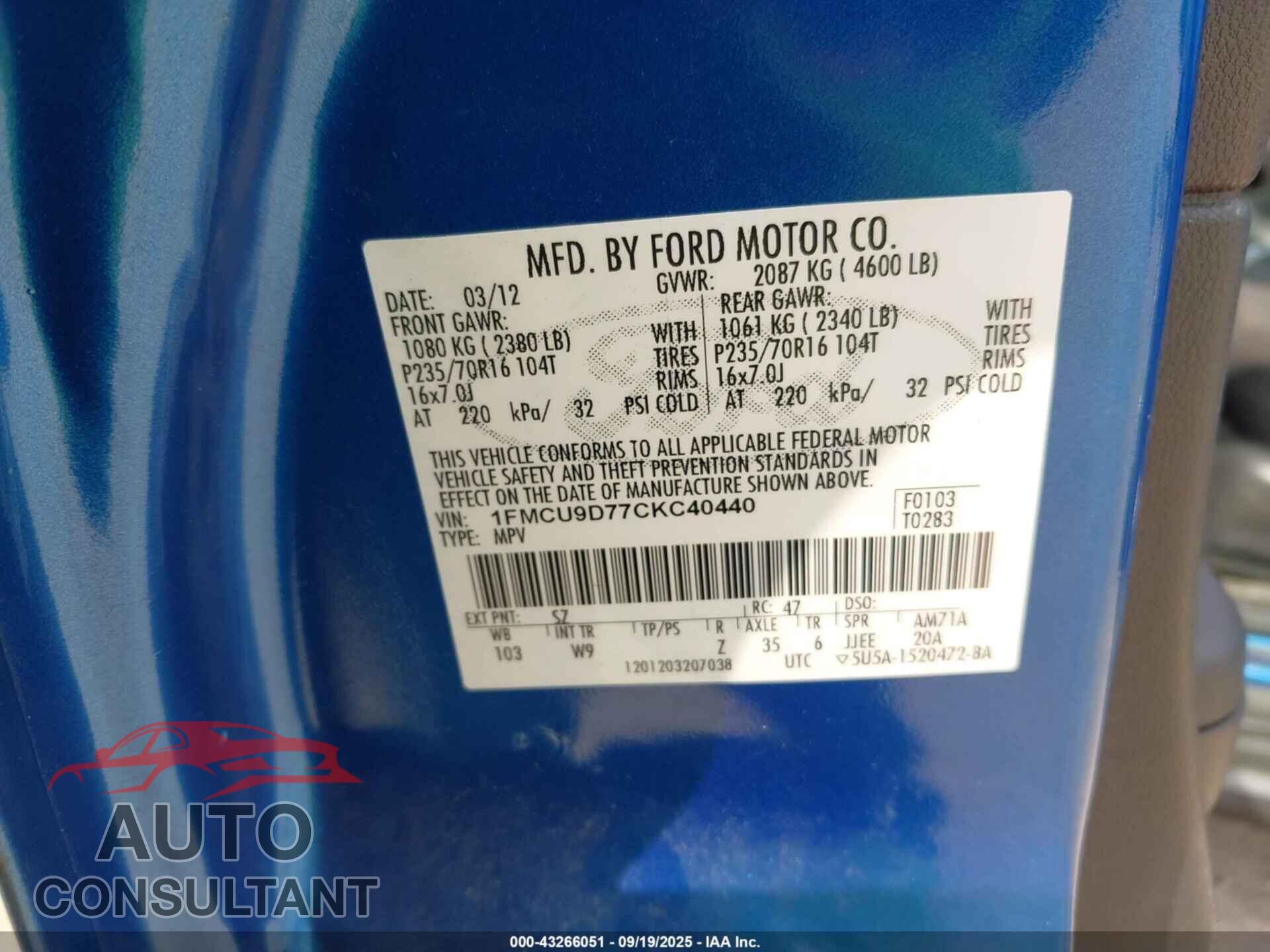 FORD ESCAPE 2012 - 1FMCU9D77CKC40440