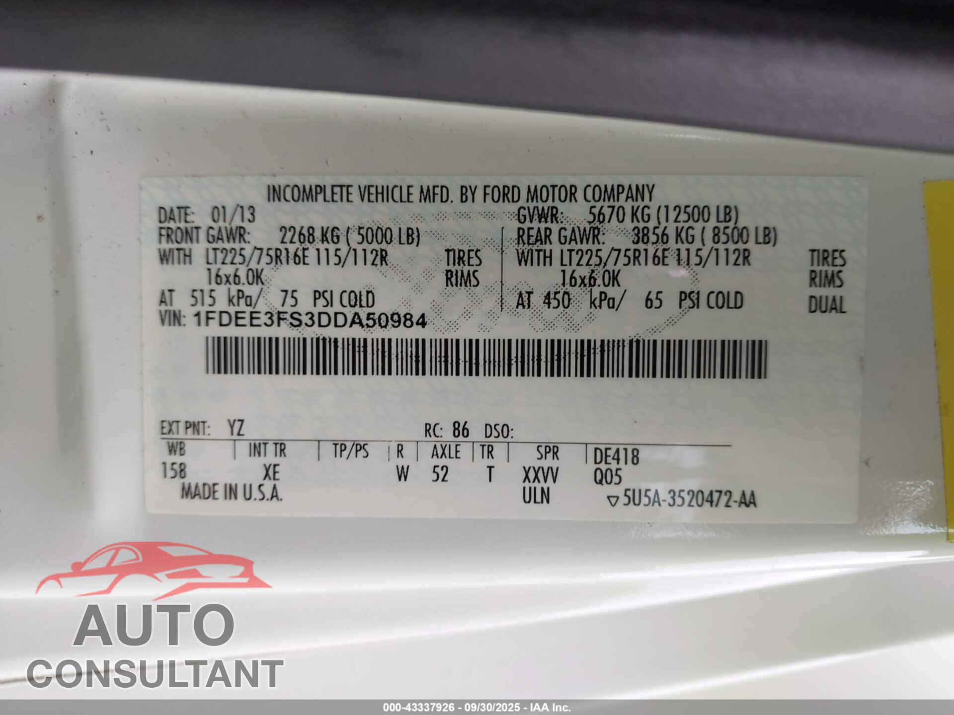 FORD E-350 CUTAWAY 2013 - 1FDEE3FS3DDA50984