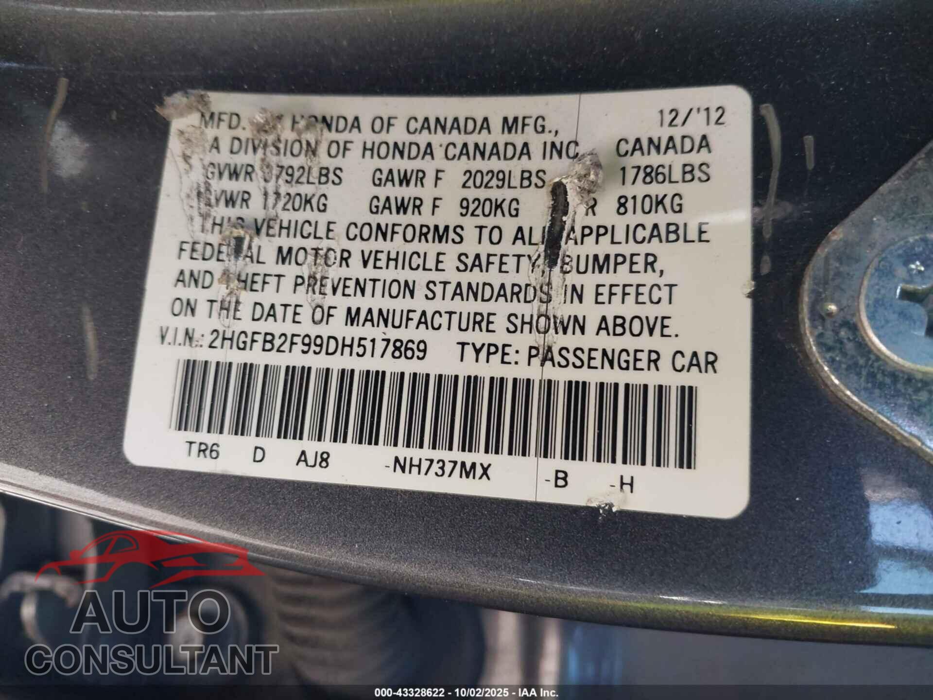 HONDA CIVIC 2013 - 2HGFB2F99DH517869