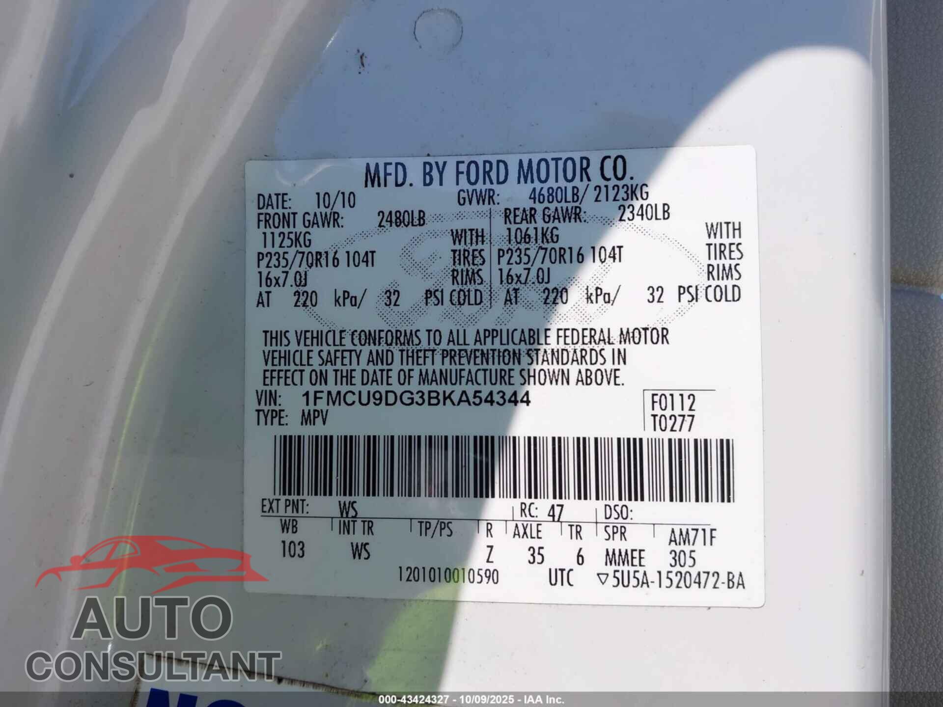 FORD ESCAPE 2011 - 1FMCU9DG3BKA54344