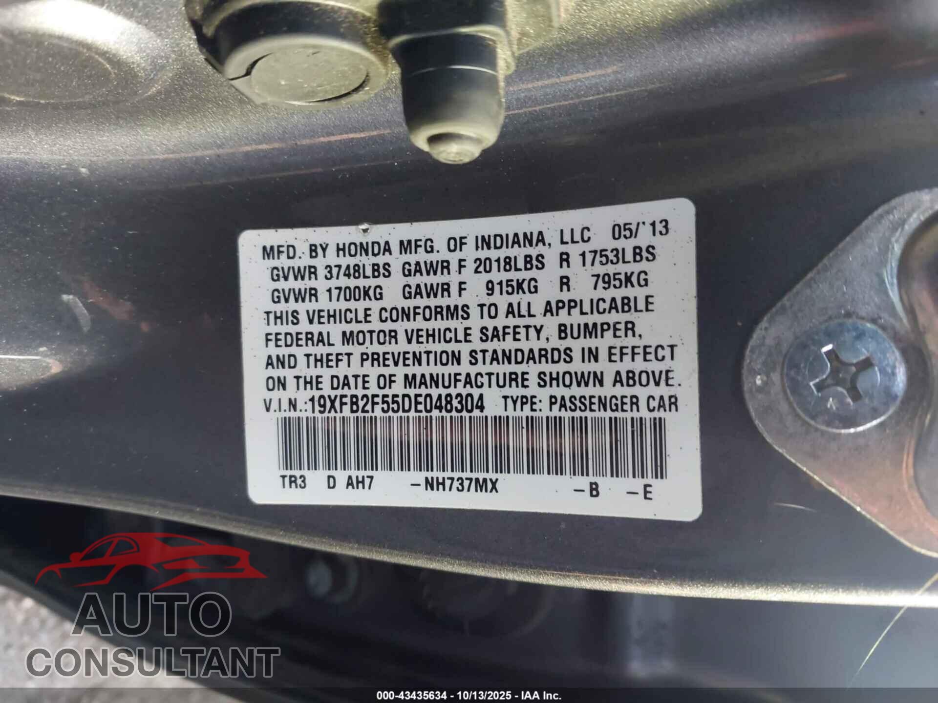HONDA CIVIC 2013 - 19XFB2F55DE048304