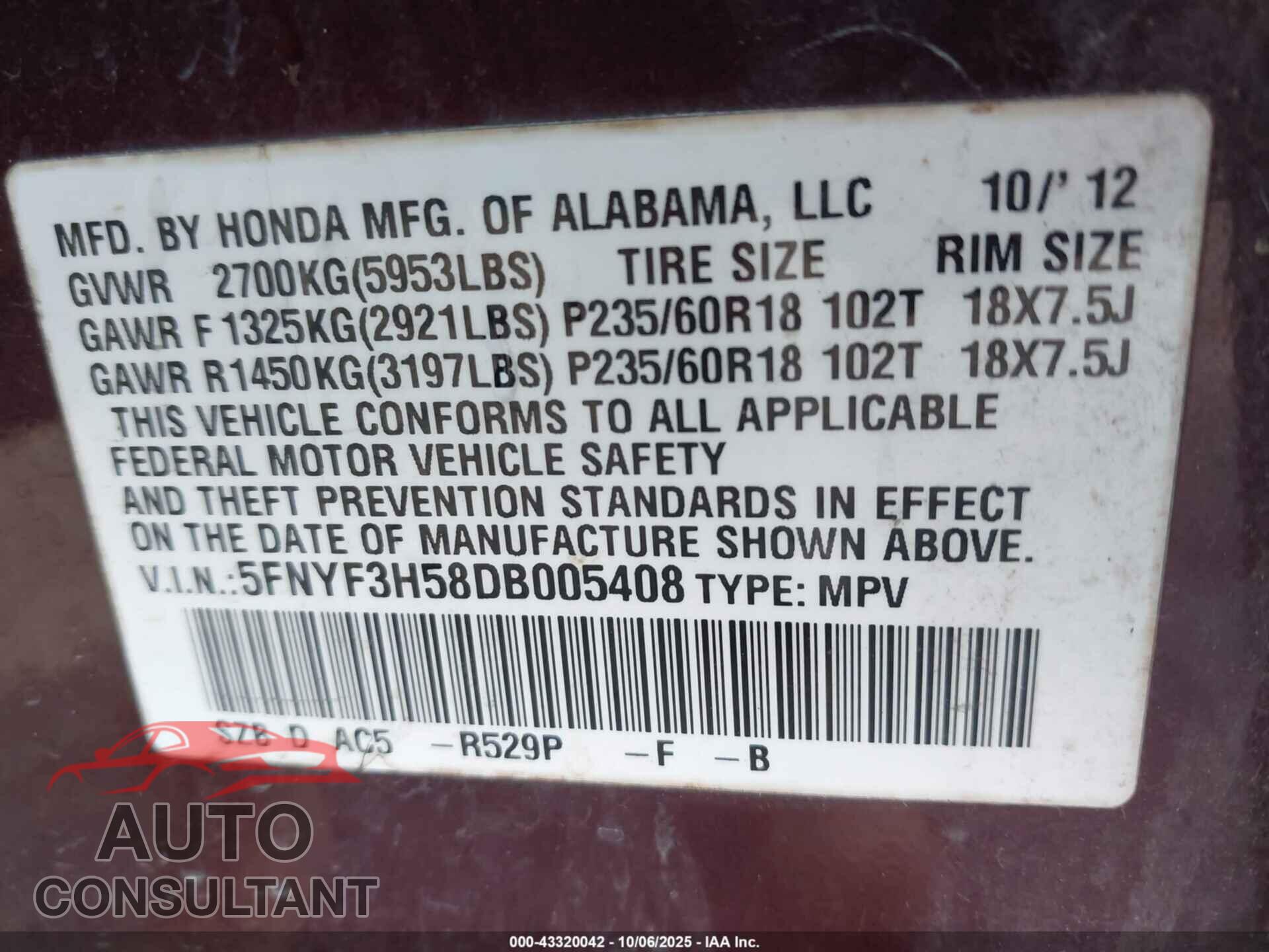 HONDA PILOT 2013 - 5FNYF3H58DB005408