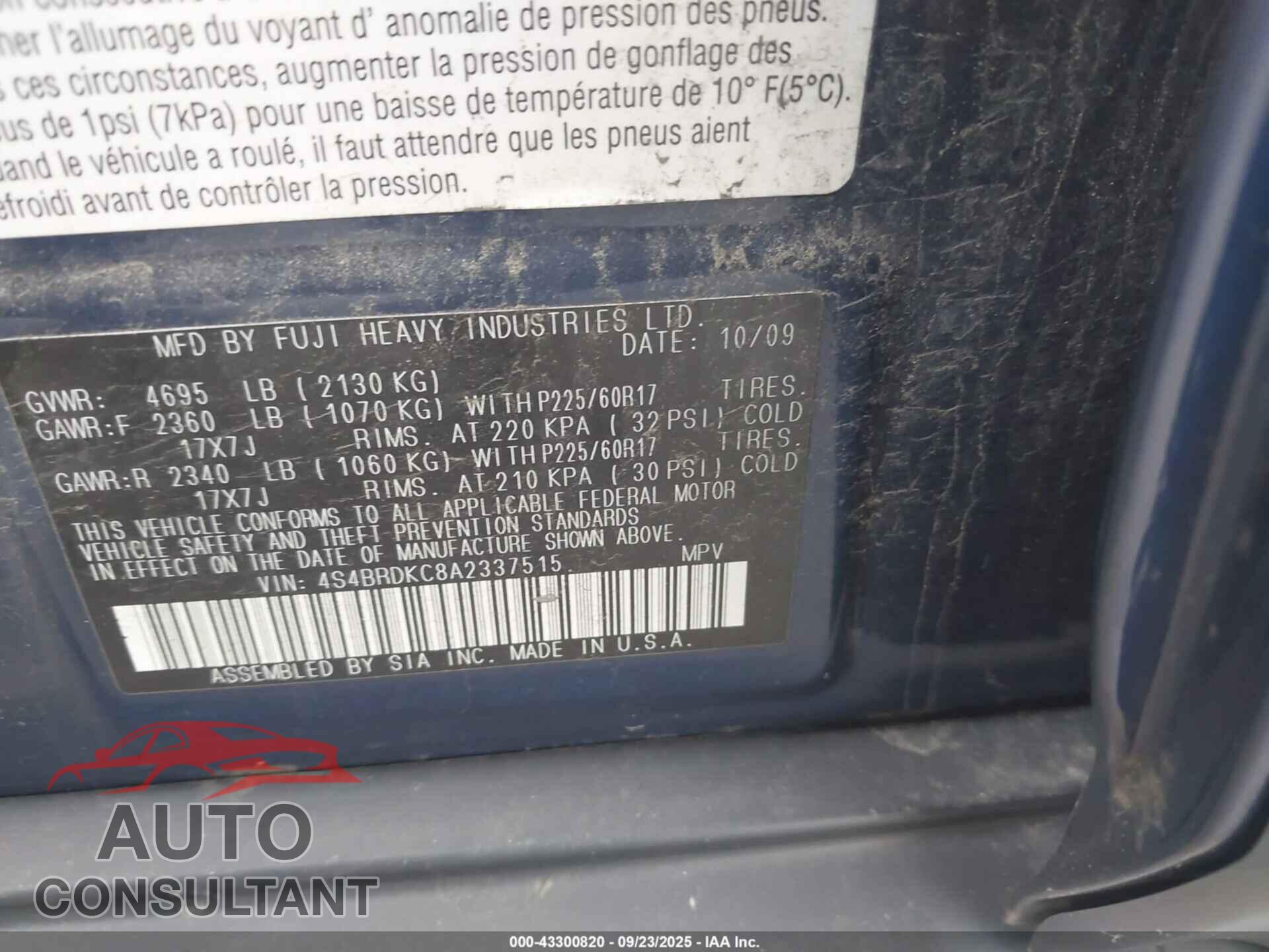 SUBARU OUTBACK 2010 - 4S4BRDKC8A2337515