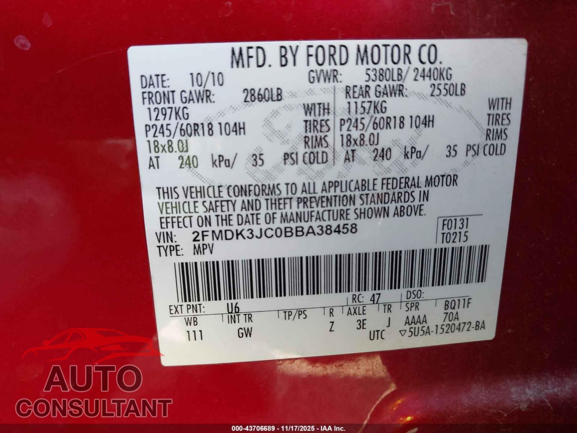 FORD EDGE 2011 - 2FMDK3JC0BBA38458