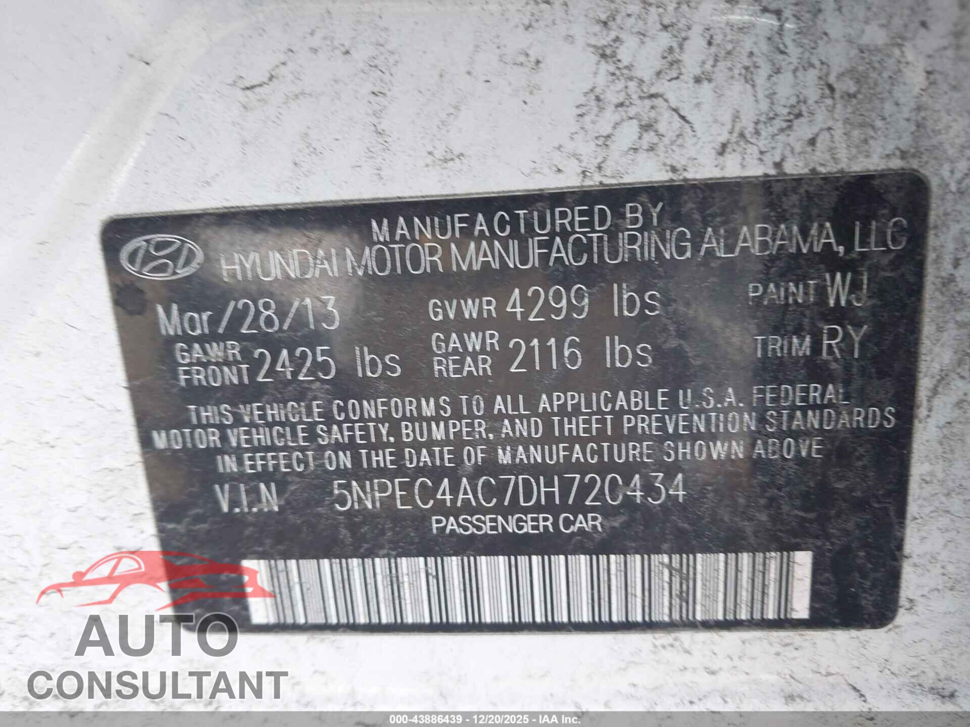 HYUNDAI SONATA 2013 - 5NPEC4AC7DH720434