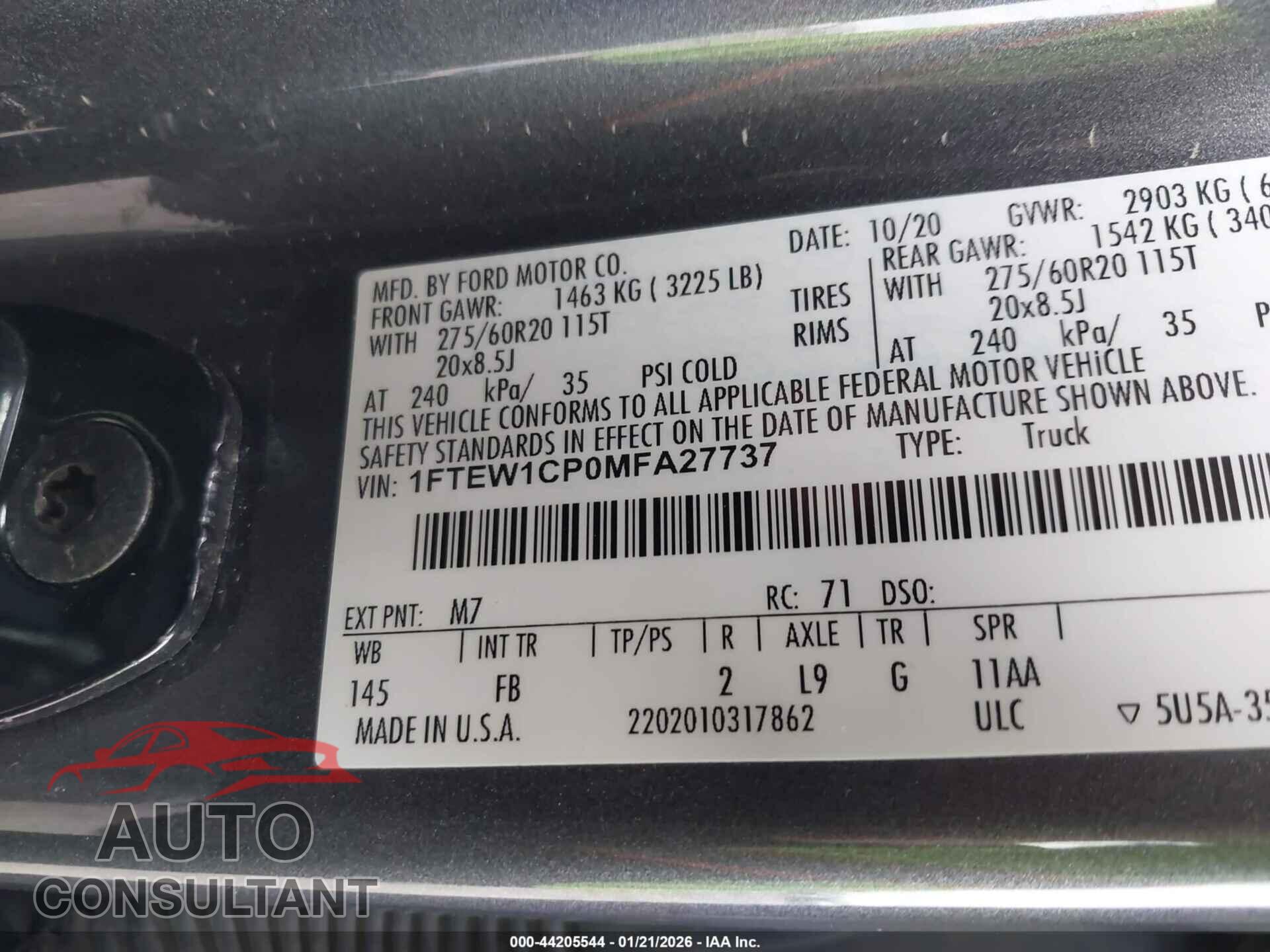 FORD F-150 2021 - 1FTEW1CP0MFA27737