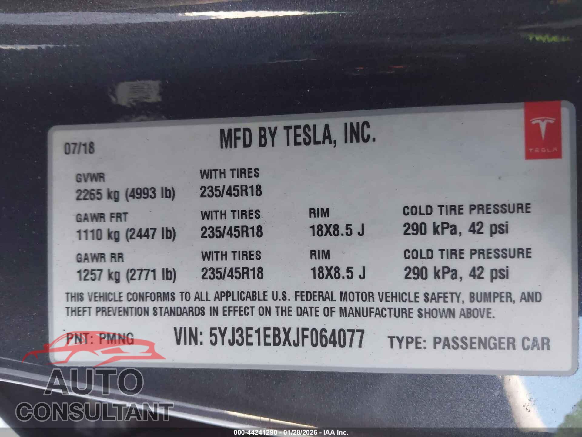 TESLA MODEL 3 2018 - 5YJ3E1EBXJF064077