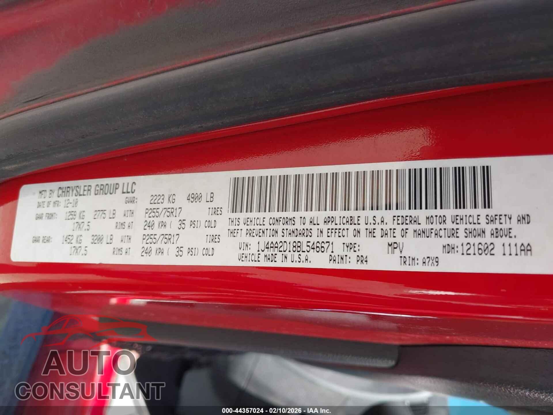 JEEP WRANGLER 2011 - 1J4AA2D18BL546671