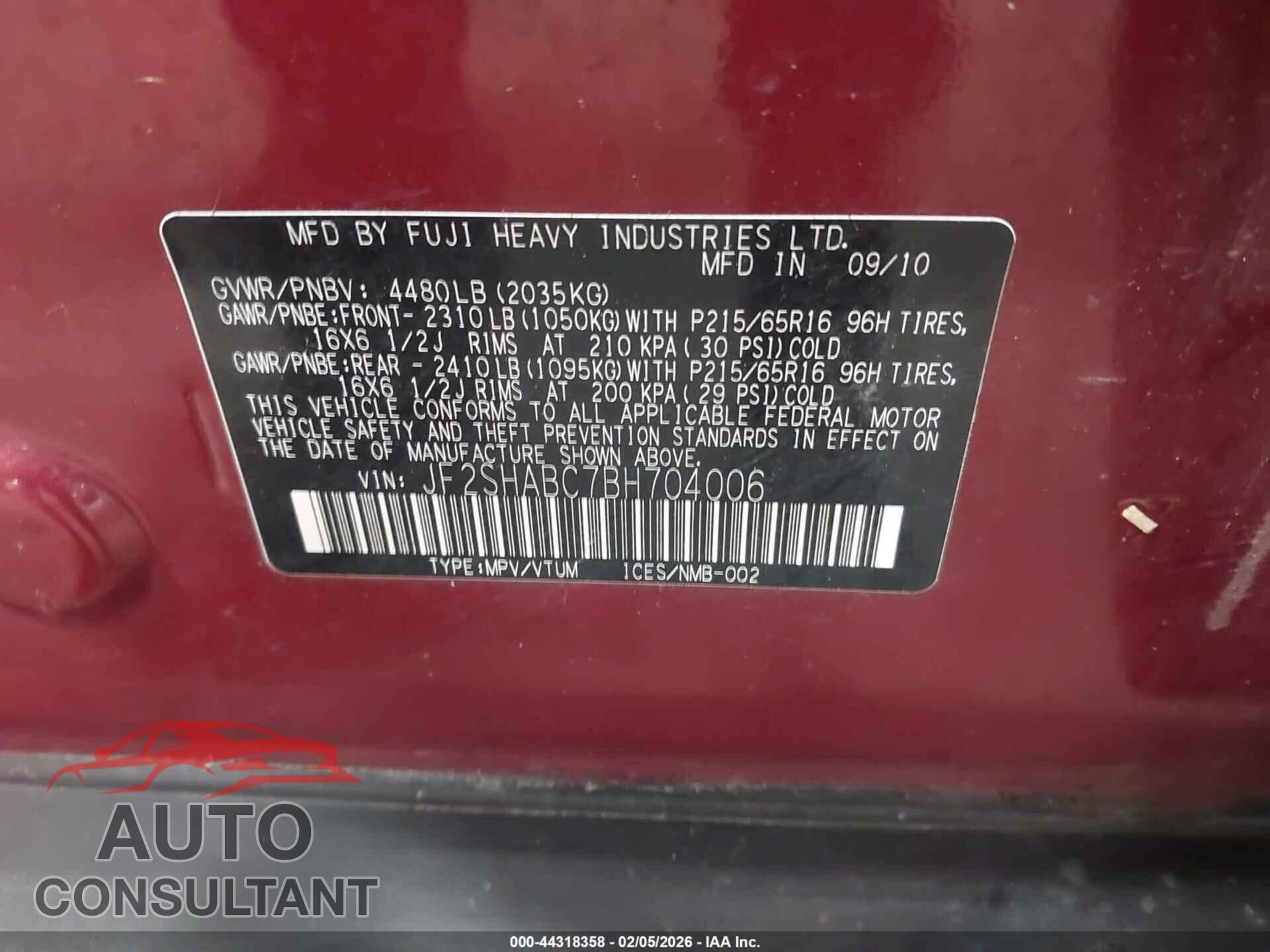 SUBARU FORESTER 2011 - JF2SHABC7BH704006