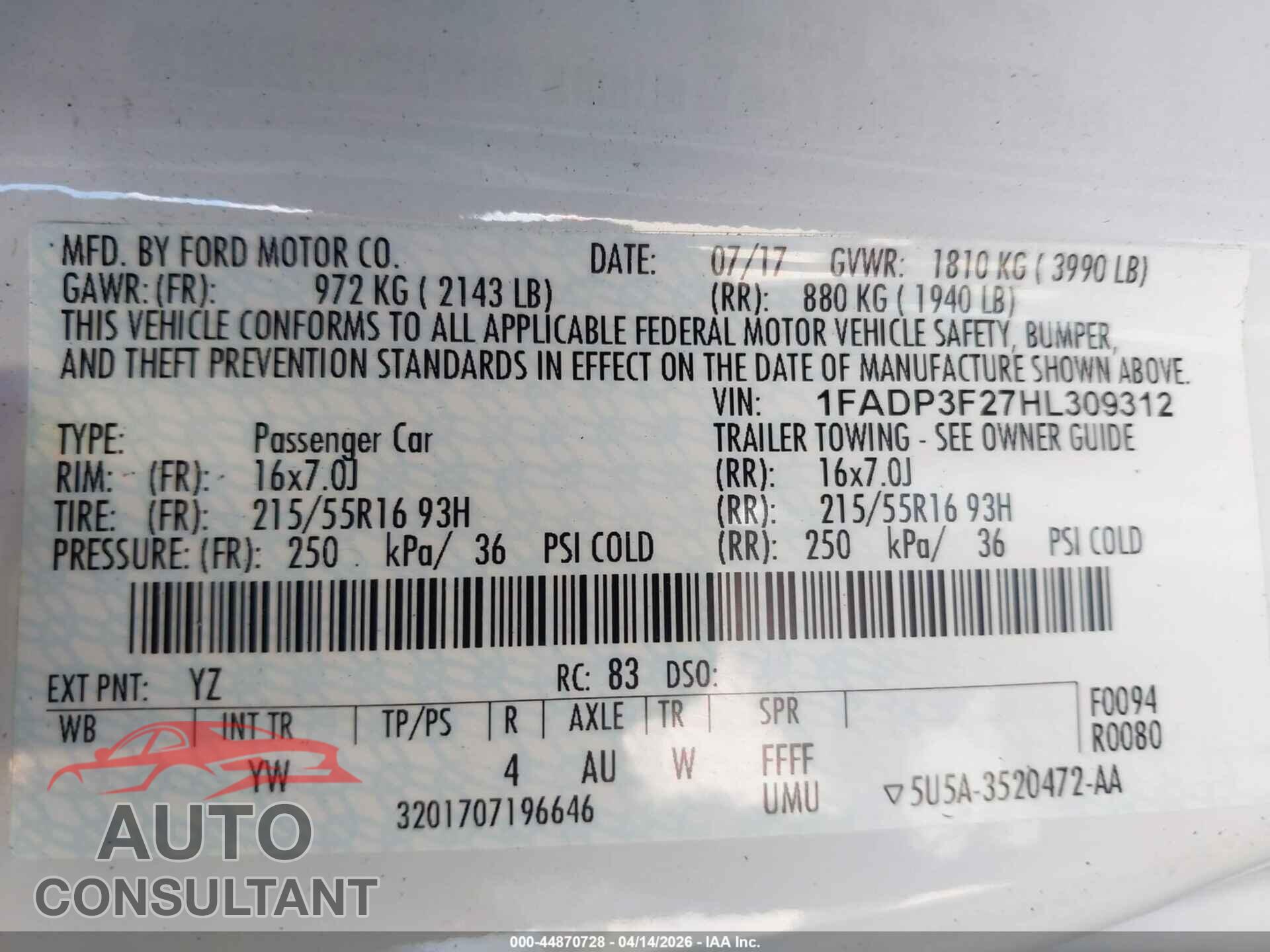 FORD FOCUS 2017 - 1FADP3F27HL309312