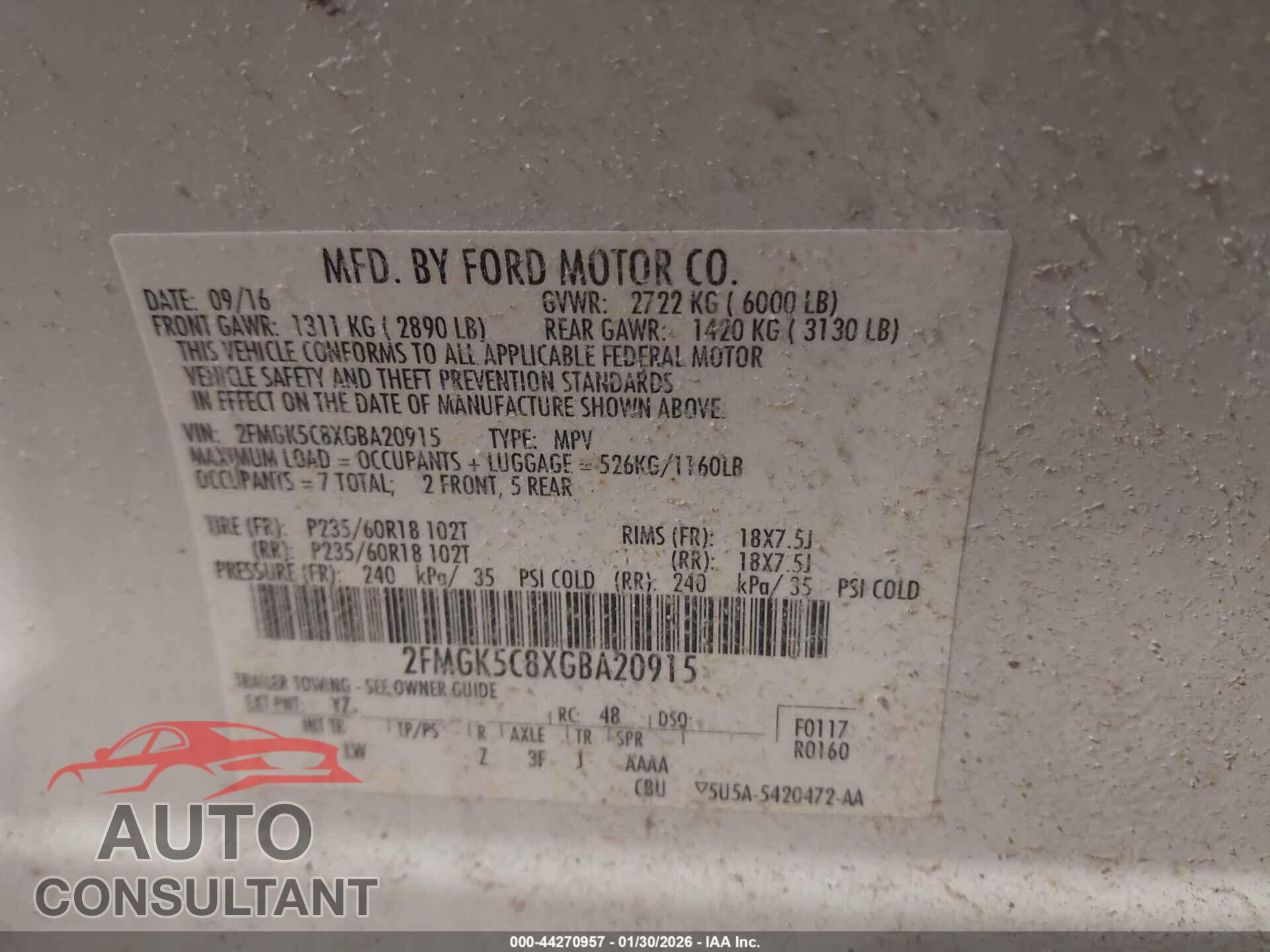 FORD FLEX 2016 - 2FMGK5C8XGBA20915