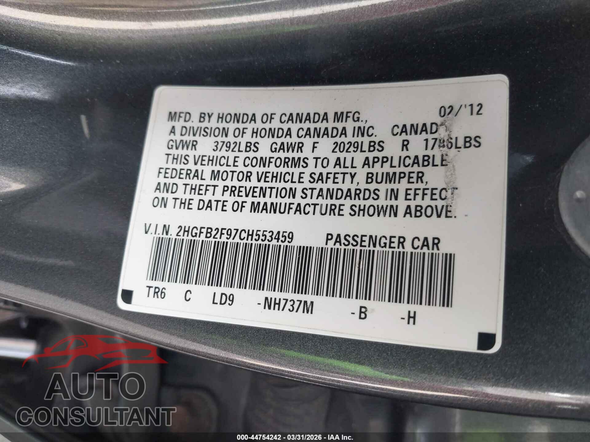 HONDA CIVIC 2012 - 2HGFB2F97CH553459