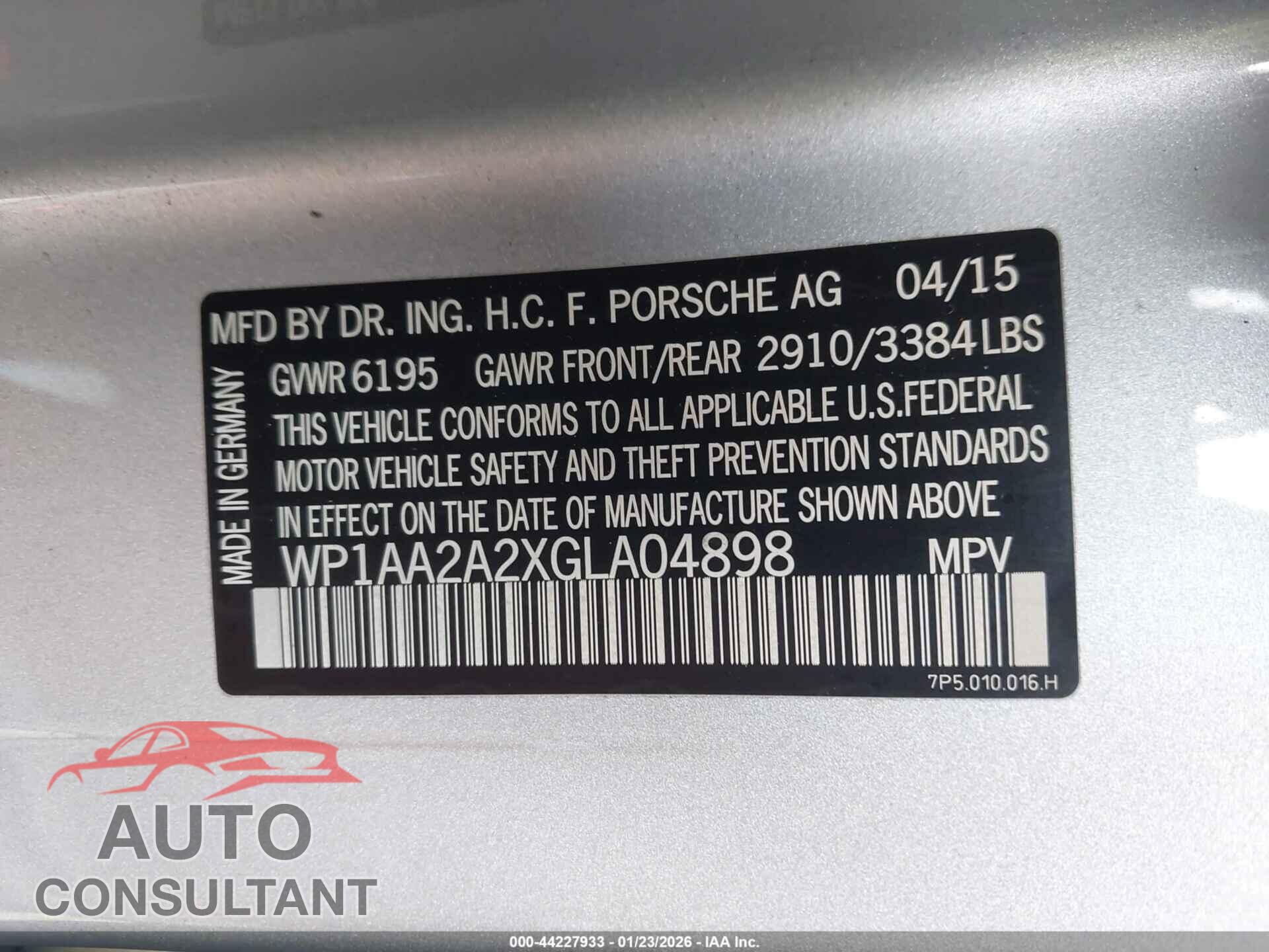 PORSCHE CAYENNE 2016 - WP1AA2A2XGLA04898