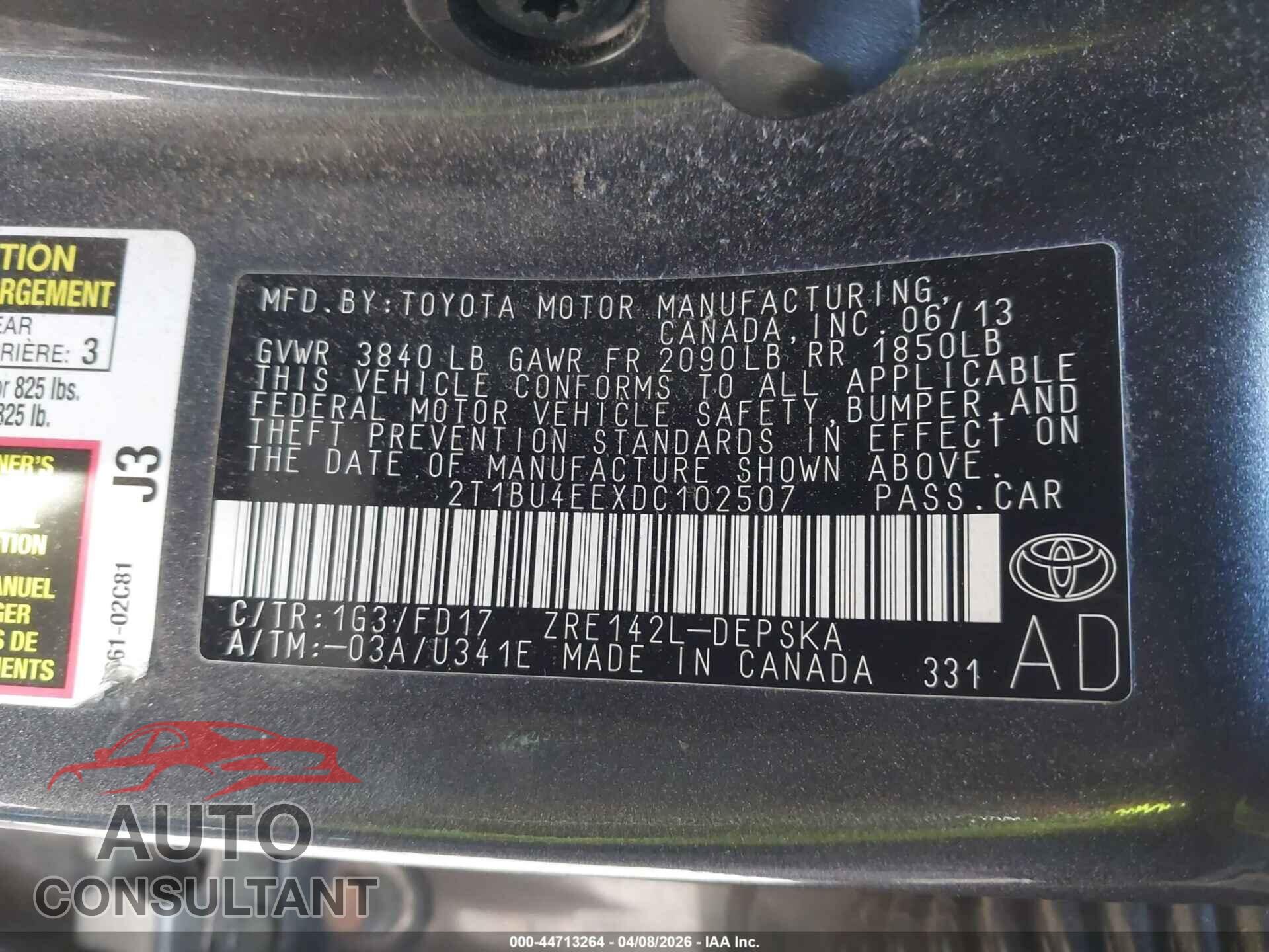TOYOTA COROLLA 2013 - 2T1BU4EEXDC102507