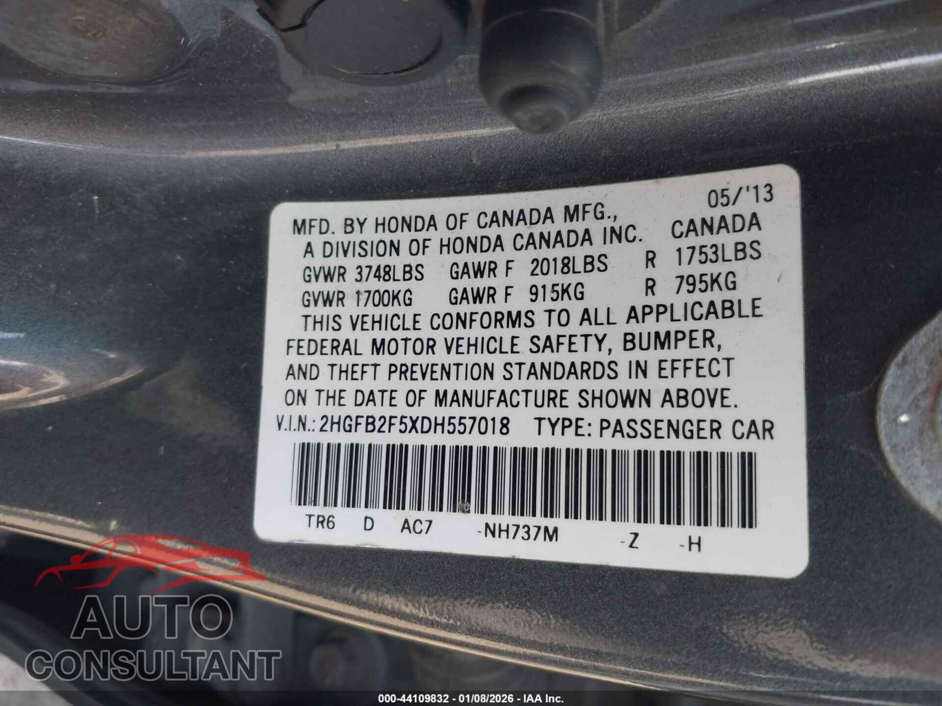 HONDA CIVIC 2013 - 2HGFB2F5XDH557018