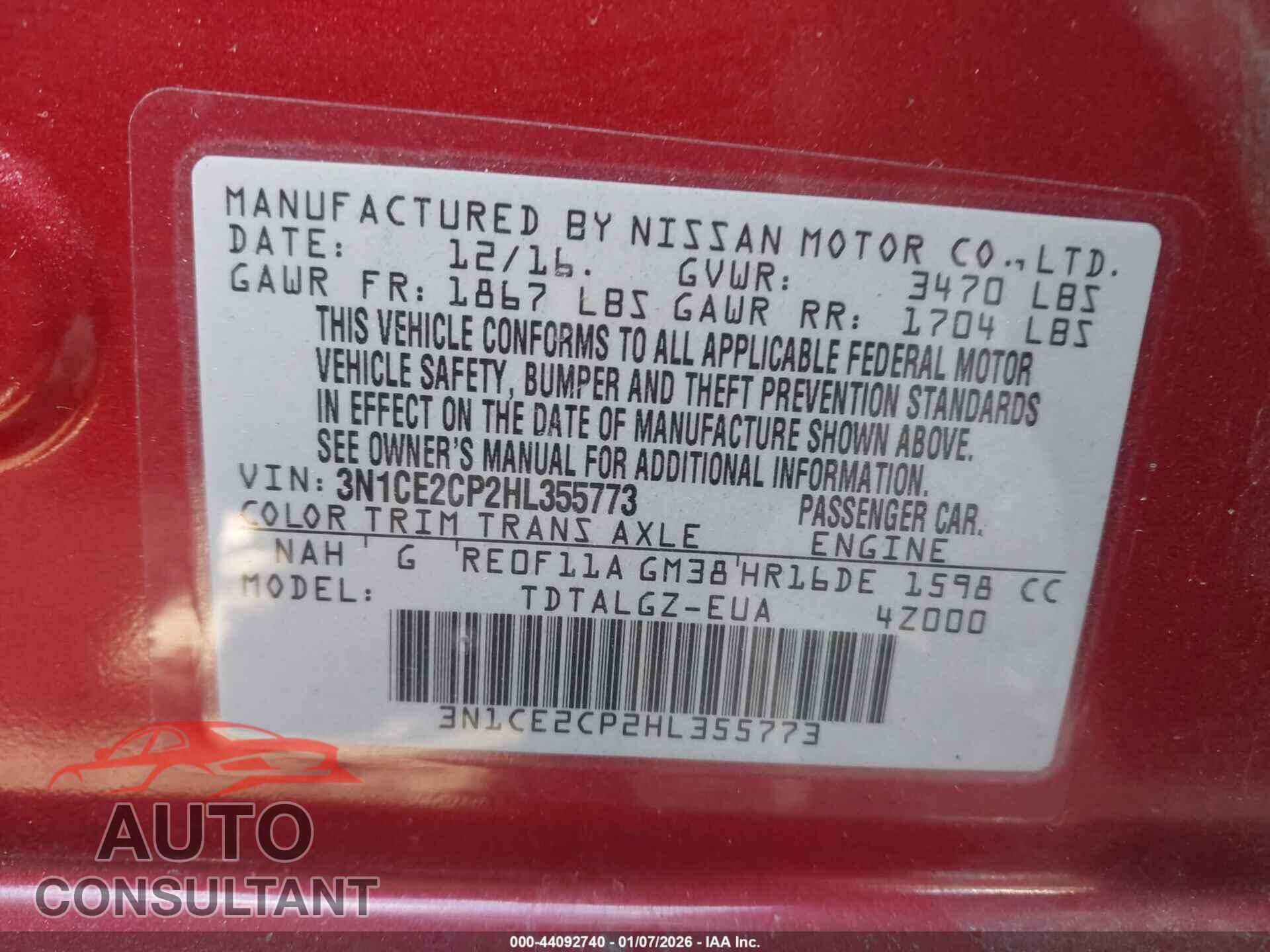NISSAN VERSA NOTE 2017 - 3N1CE2CP2HL355773